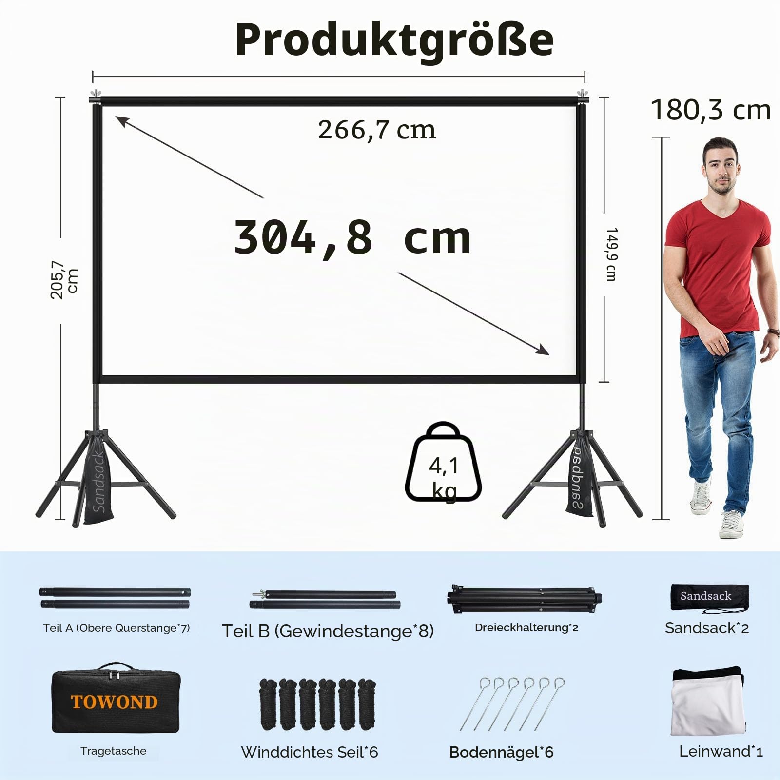 TOWOND 120 Zoll Projektionswand und Ständer, 16:9 HD tragbare einstellbare Innen- und Außenprojektionswand, Front- und Rückprojektion, Tragetasche inklusive für Zuhause, Garten & Camping