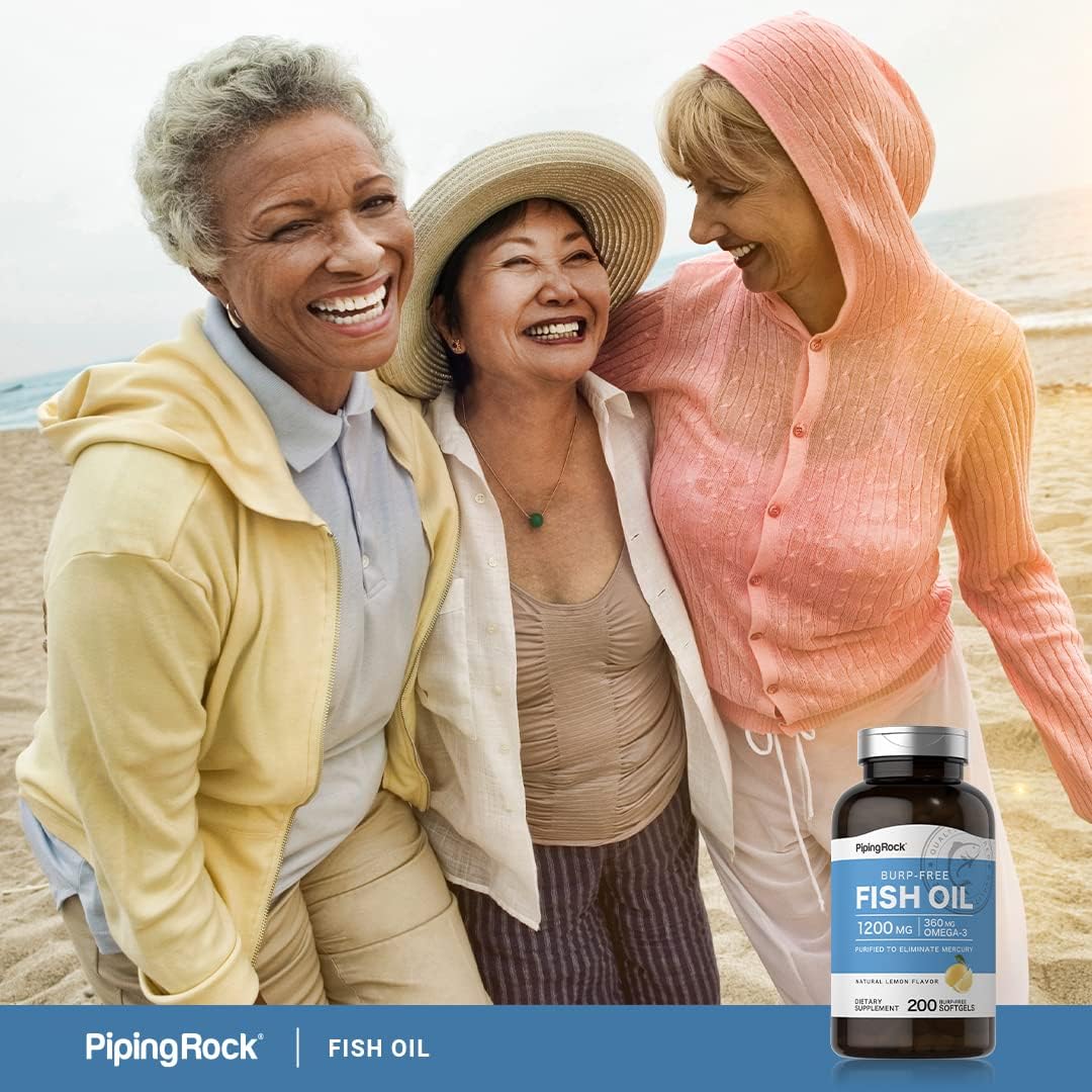 Piping Rock Fish Oil 1200 mg | 200 Burpless Softgels | Omega 3 Supplement | Lemon Flavored Pills | Non-GMO, Gluten Free