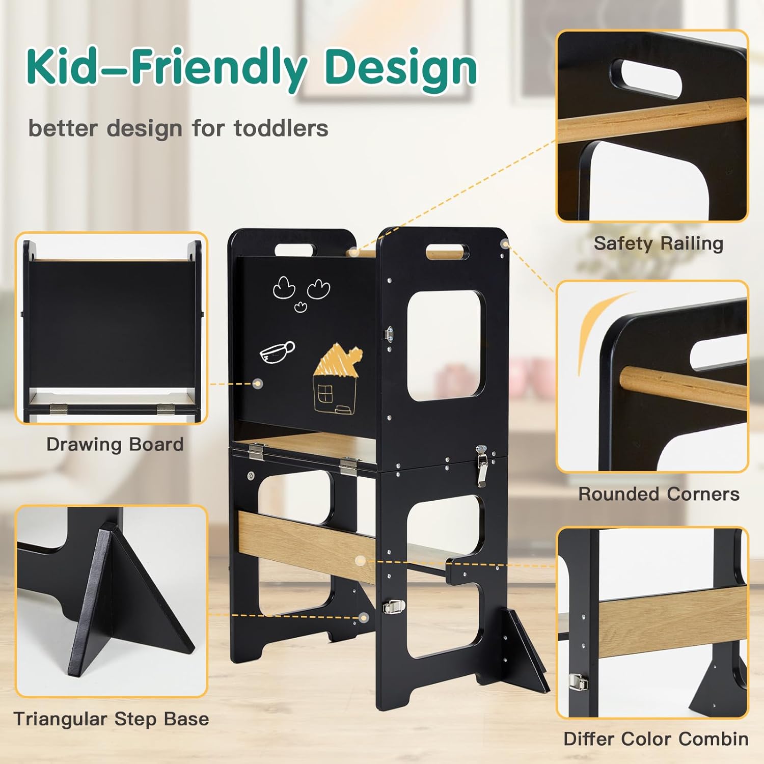 Toddler Kitchen Tower, Learning Standing Tower, 2-in-1 Kitchen Black Wooden Stool Helper with Chalkboard Montessori and Waldorf Helper for Kids in Kitchen - Image 6