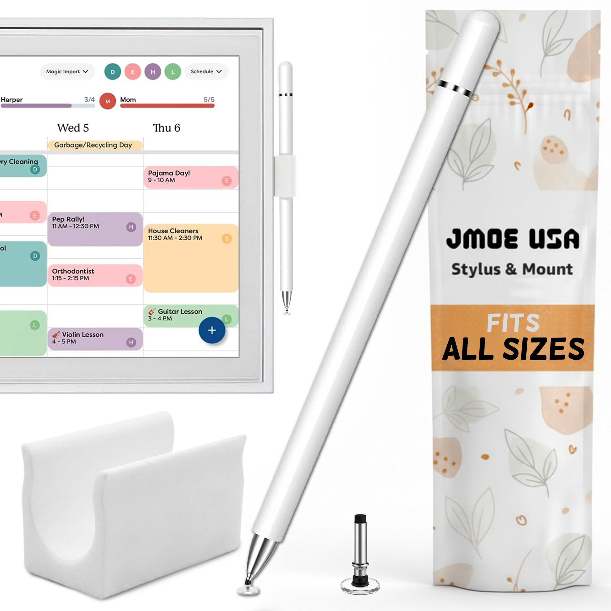 Stylus and Mount Compatible with Skylight 15 inch and 27 inch Calendar | Dual Tip with Mesh and Disc Tips | 2 Spare Replacement Parts | Flexible Stylus Holder Mounts to Calendar