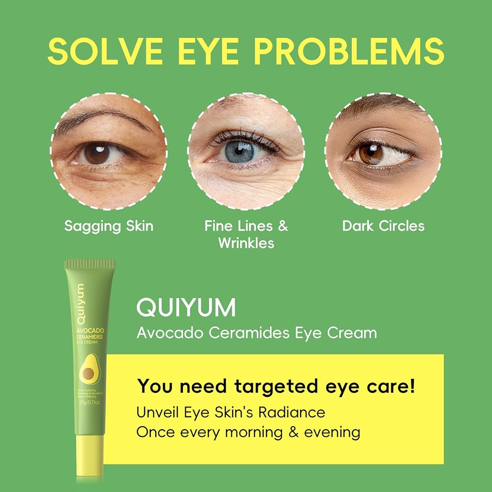 QUIYUM Avocado & Ceramide Eye Cream - Skincare with Niacinamide & Shea Butter, Eye Treatment for Skin Daily Care, Wake Up Skin, Firming & Smoothing, All Skin Types, 0.7 oz