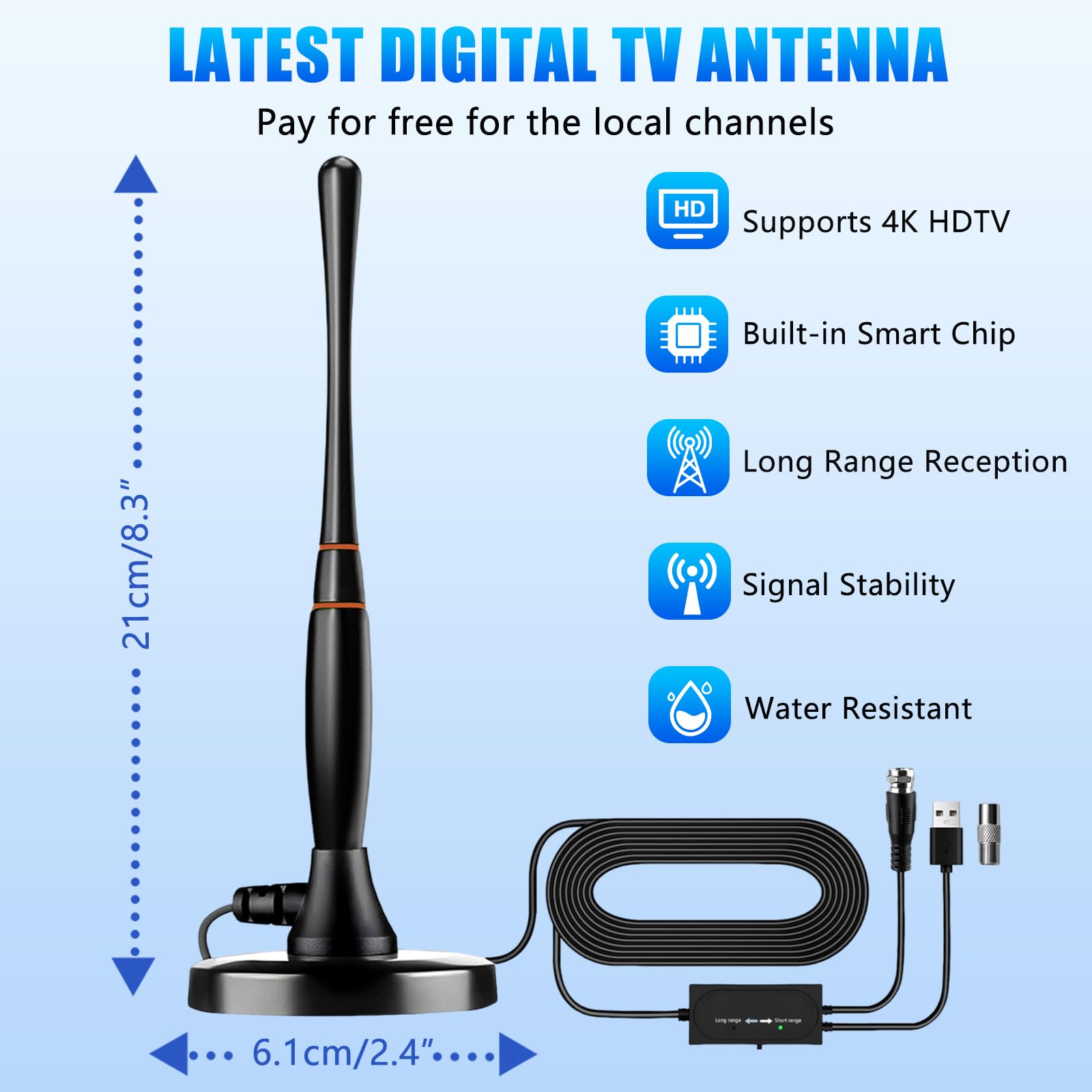 Antenna TV Interna, Antenna per Smart TV per ricezione a lungo raggio e tutte le Smart TV e vecchie TV, antenna digitale HD con amplificatore di segnale per canali locali, supporta 4K 1080p