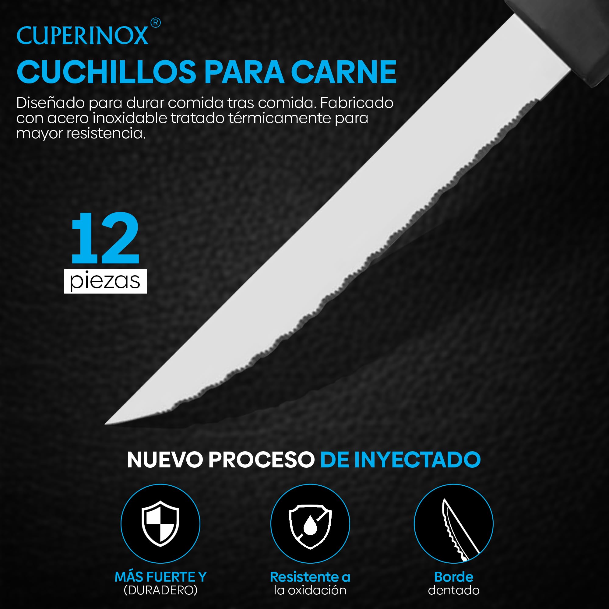 Cuchillos de Mesa Acero Inoxidable – Set Profesional 12 Piezas con Hoja Serrada de 11 cm y Mango Ergonómico Antideslizante – Para Carne, Verduras y Pescado