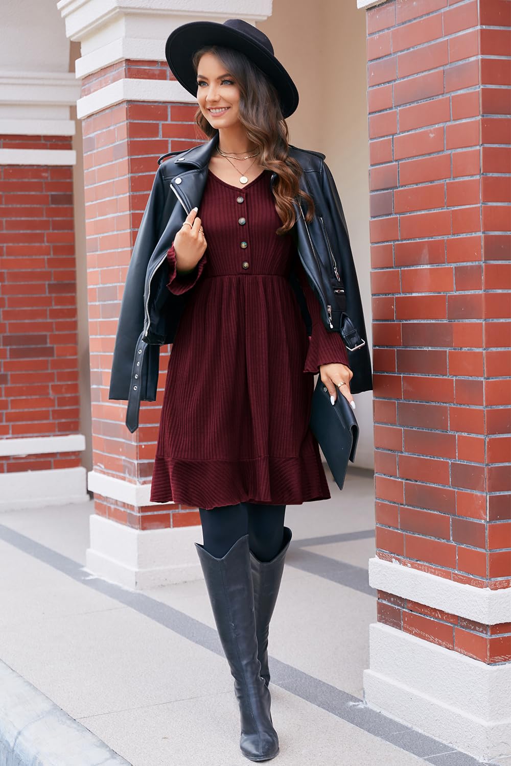 ULTRANICE Robe en Maille pour Femme Col en V avec Boutons Décoratifs pour L'automne et l'hiver
