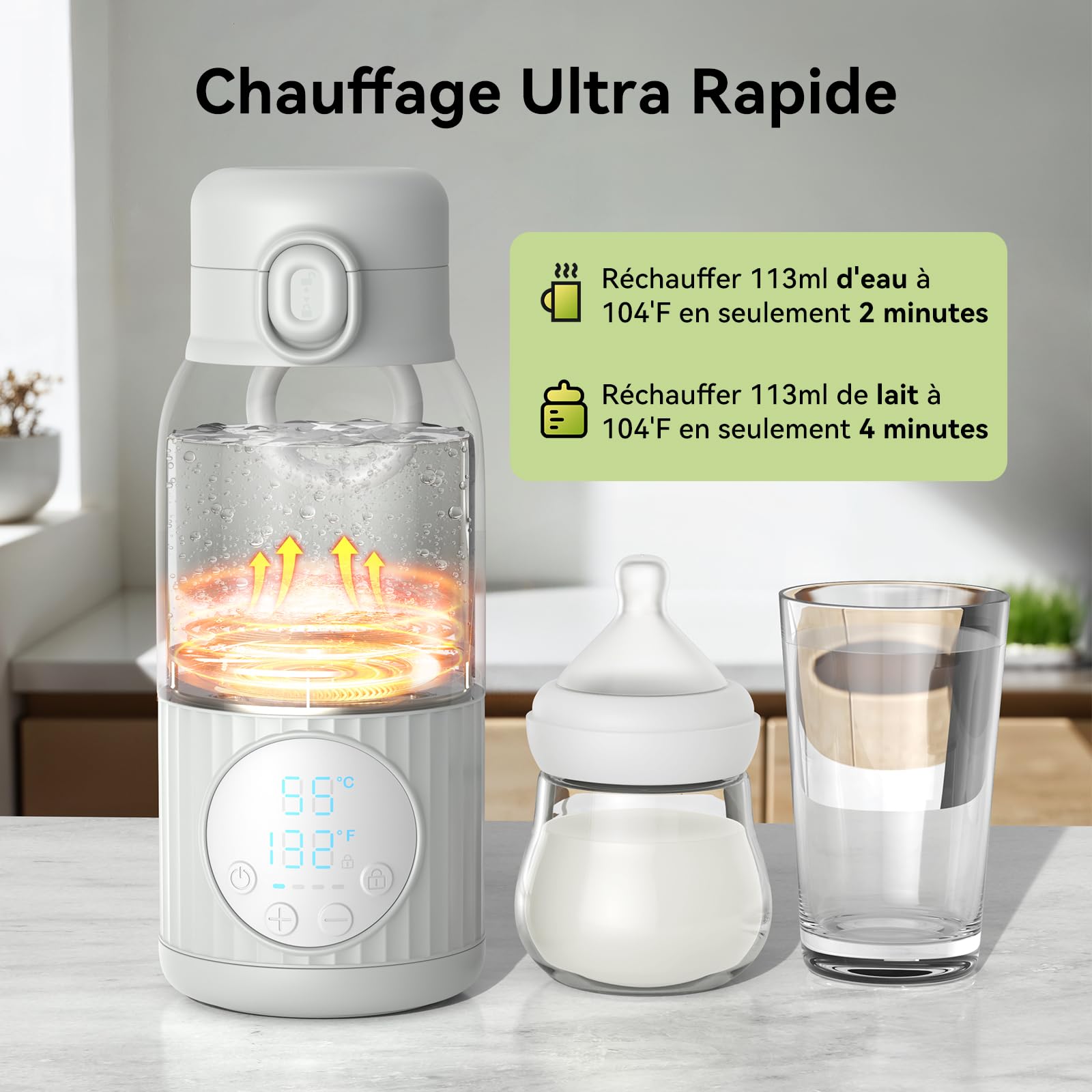 Chauffe-Biberon Nomade Portable Sans Fil 380ml, 2 Modes pour Lait Maternel et Eau, Température Réglable, Chauffage Rapide & Longue Autonomie, Recharge USB-C, Idéal pour Toute la Journée