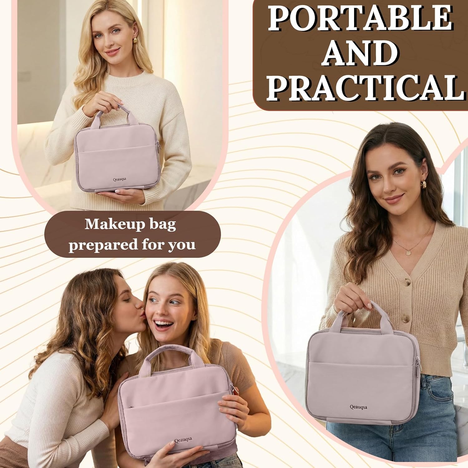 Makeup Bag Organizer, Large Hanging Toiletry Bag for Women with Leakproof Compartments, Travel Cosmetic Case for Full Sized Toiletries & Brushes Travel Cosmetic Bag Cruise Essentials - Pink
