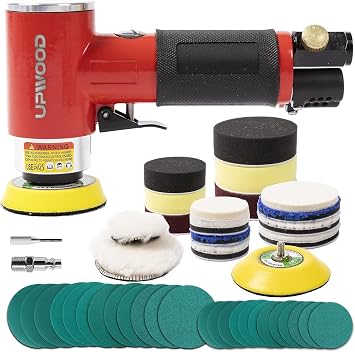 Mini Air Sander with 2 3 Pads, Pneumatic Mini Sander 25mm/50mm Polisher for Auto Body Work Headlight Polishing Paint Cleaning with 24pcs Sandpapers and 16 Sanding Wheels