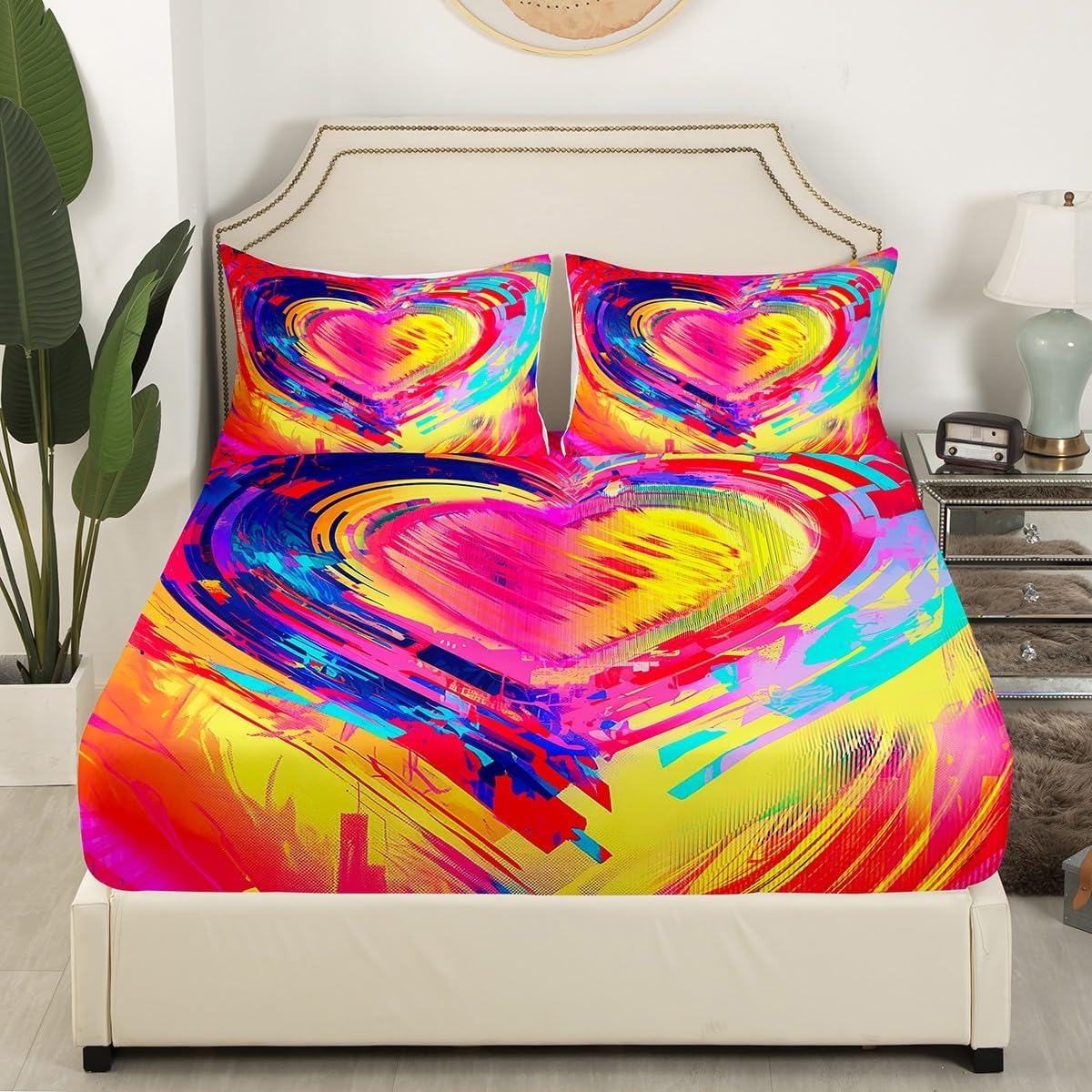 Erosebridal Gradient Tie Dye Fitted Sheet Loving Heart Bedding Sets Twin Size for Child Kids Lady, Rainbow Bed Sheet Watercolor Artwork Bed Cover Colored Bedroom Decor Wedding Festival Party Decor image 3