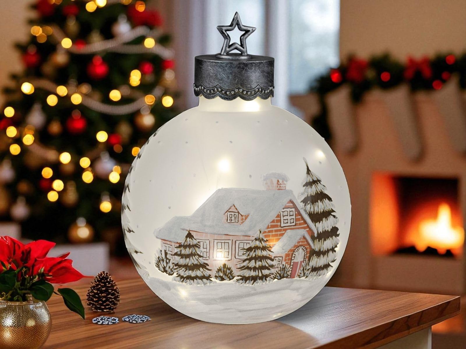 formano XXL LED Deko-Kugel 35 cm Winterdekor Glaskugel Timer 6 h/18 h beleuchtet - Batteriebetrieben - Herbst Winter Weihnachtsdeko für Tisch Regal Fensterbank