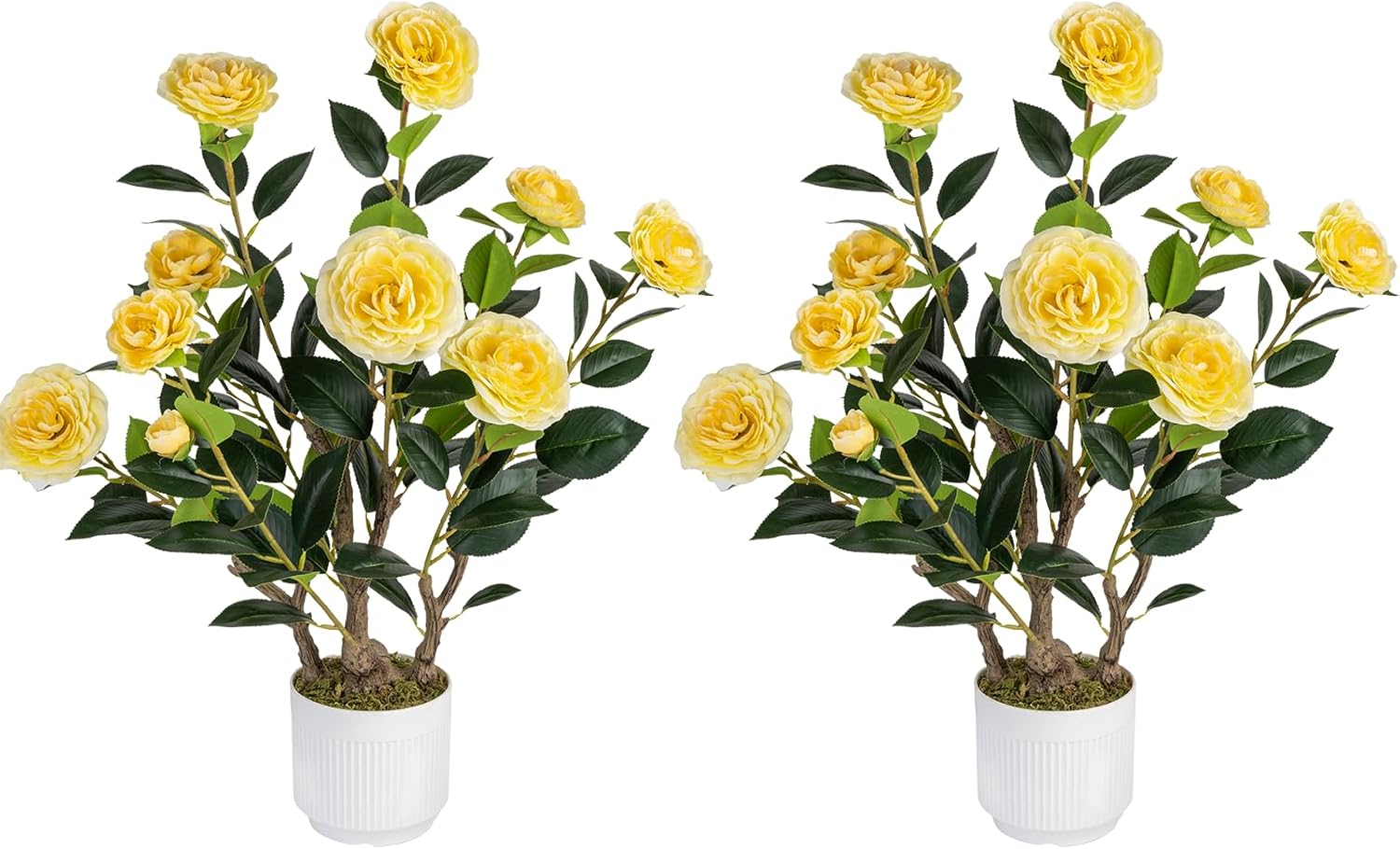 2 Pack Artificial Camellia Tree with White Pot, 24" Faux Potted Plants for Indoor Outdoor Decor, Tall Silk Greenery Plant for Home Office Living Room Balcony, Yellow