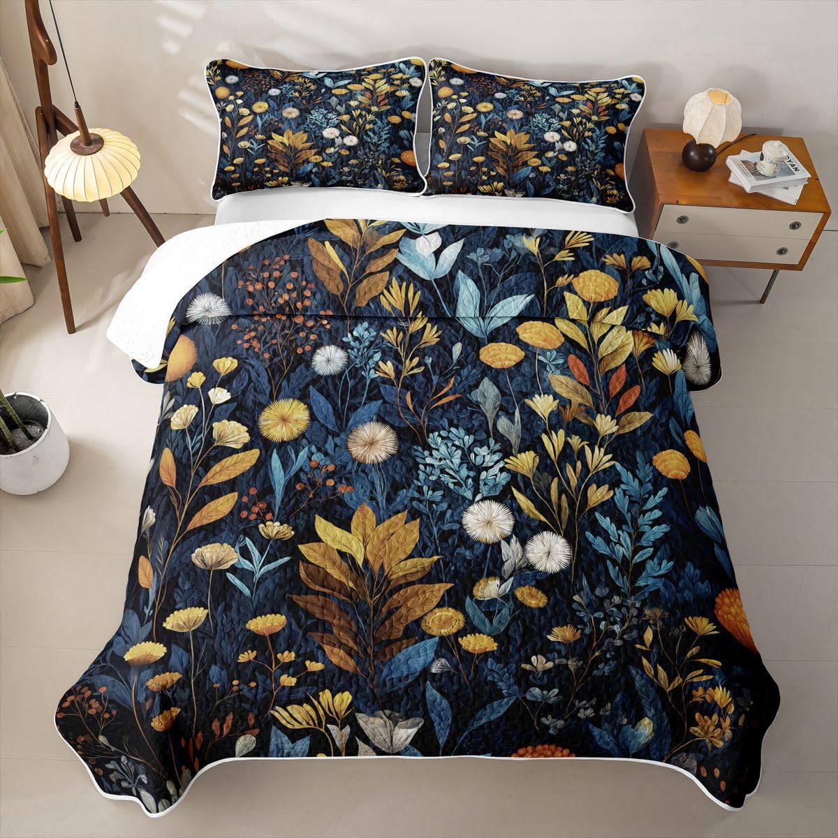 Loussiesd Żółty Flroal Pikowana Narzuta King Size Botaniczny 2 Sztuki Narzuta Narzuta Zestaw Na Całoroczny Bohema Wildflower Pościel Dzieci Chłopcy Dziewczęta Dorośli Boho Kolorowy Kwiat Kołdra