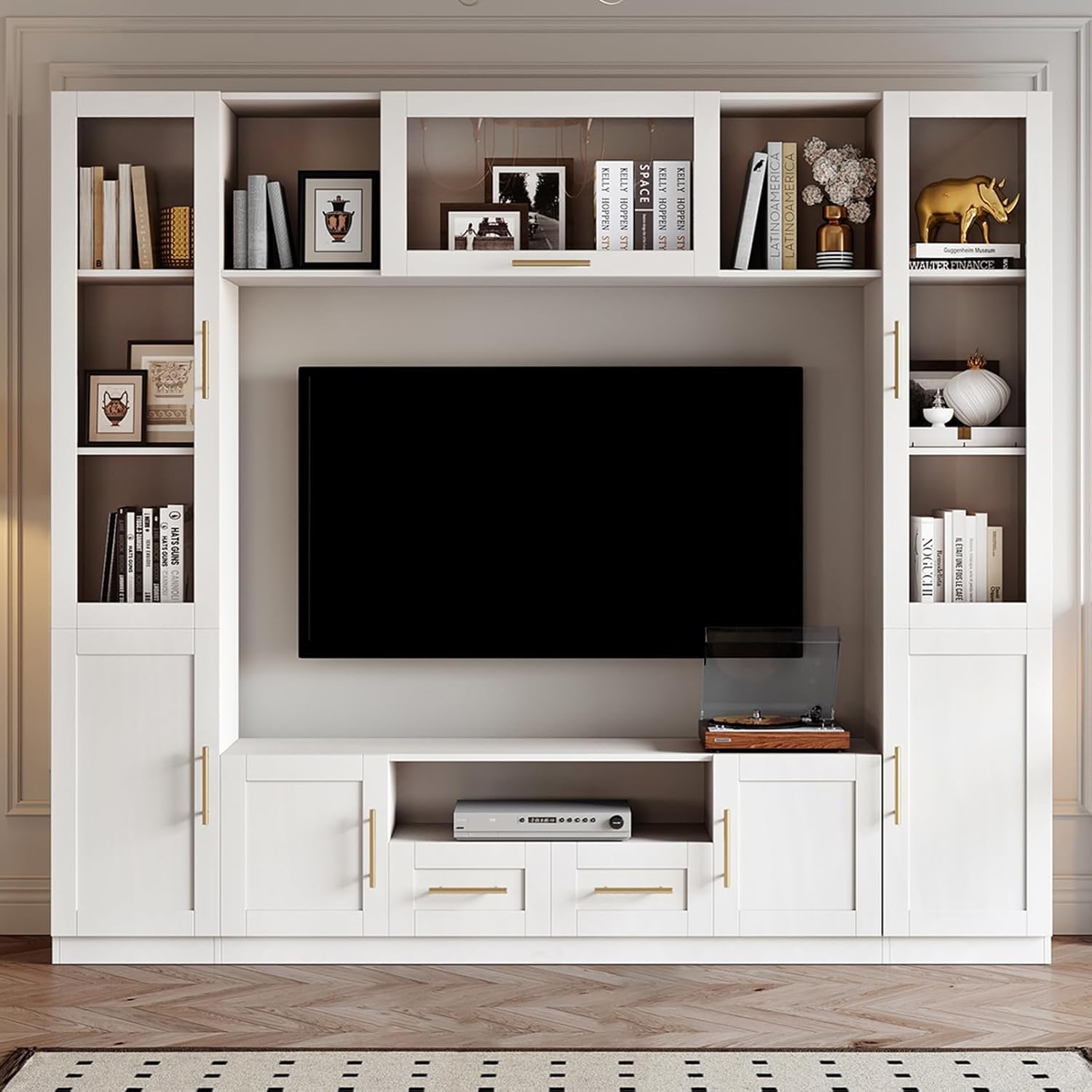(only 1 box) Entertainment Wall Unit, 4-Piece Large TV Stand Wall Unit Entertainment Center with Bookshelves & Storage, Wall Media Center with Shelves for TVs Up to 70", Media Console for Living Room, White.