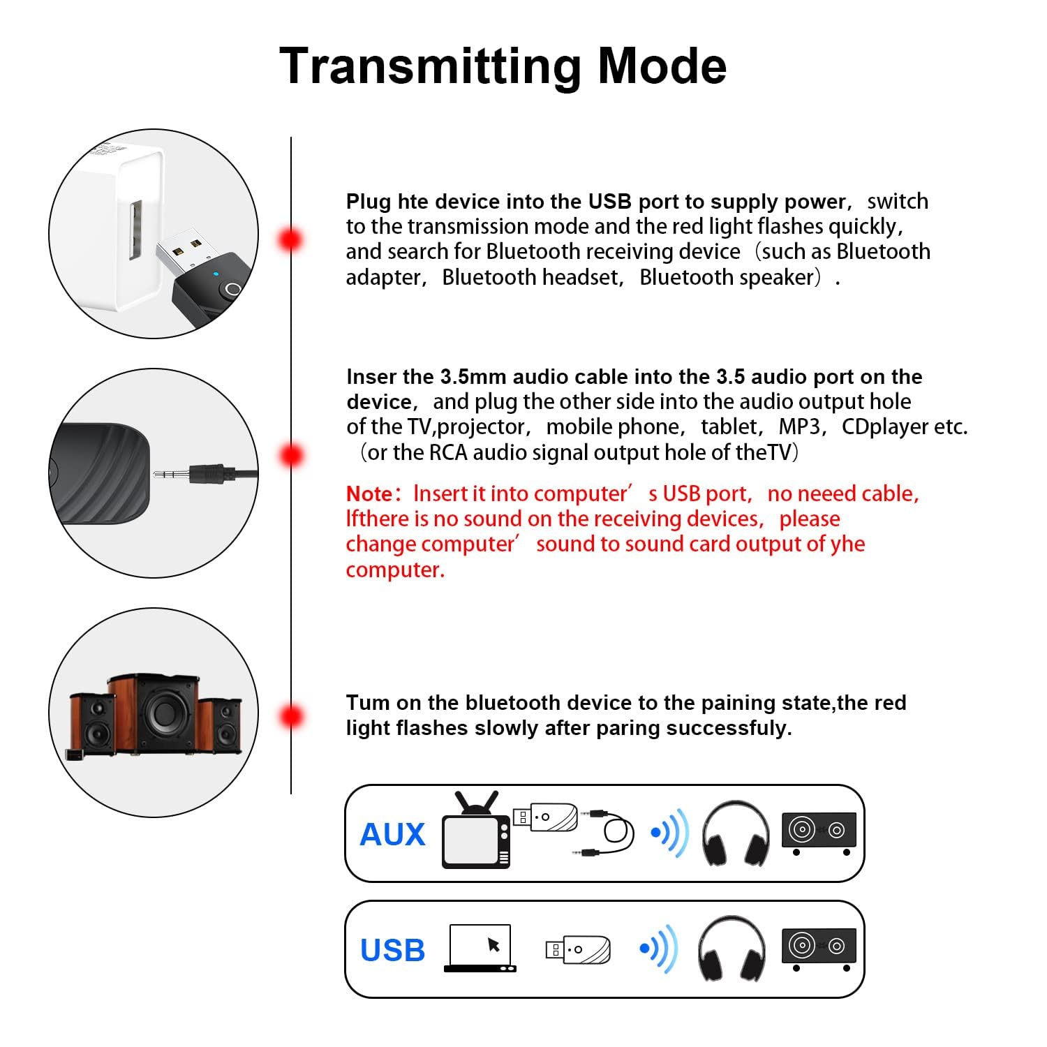usb ricevitore bluetooth trasmettitore per tv adattatore chiavetta BT5.0 con 3.5mm AUX per PC/Cuffie/Altoparlanti/Autoradio/Stereo
