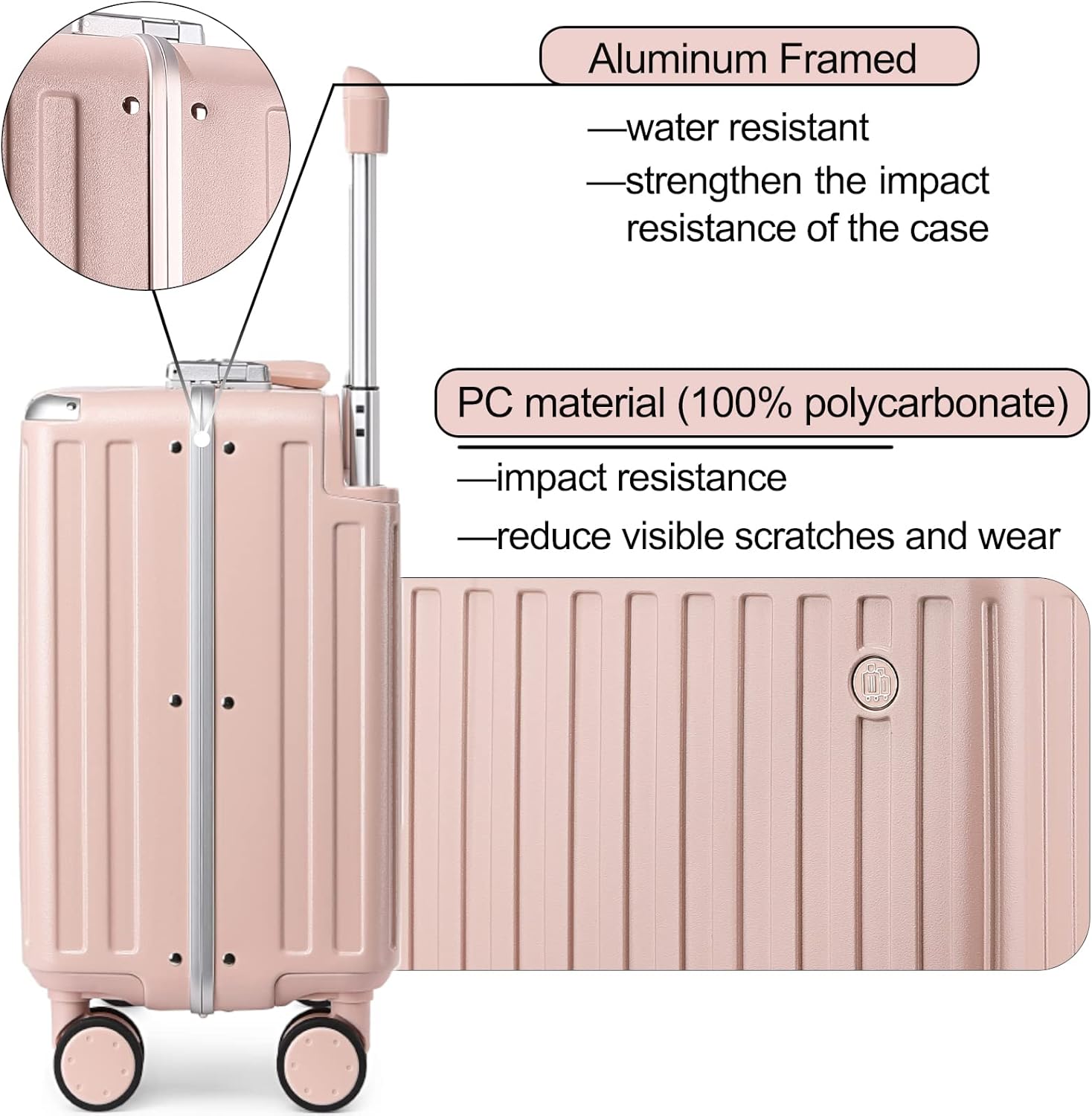 Somago Aluminum Frame 18" Carry On Luggage Wide Handle Suitcase Built-In Double TSA Lock Hardside Lightweight PC Travel Suitcase with Spinner Wheels,Pink