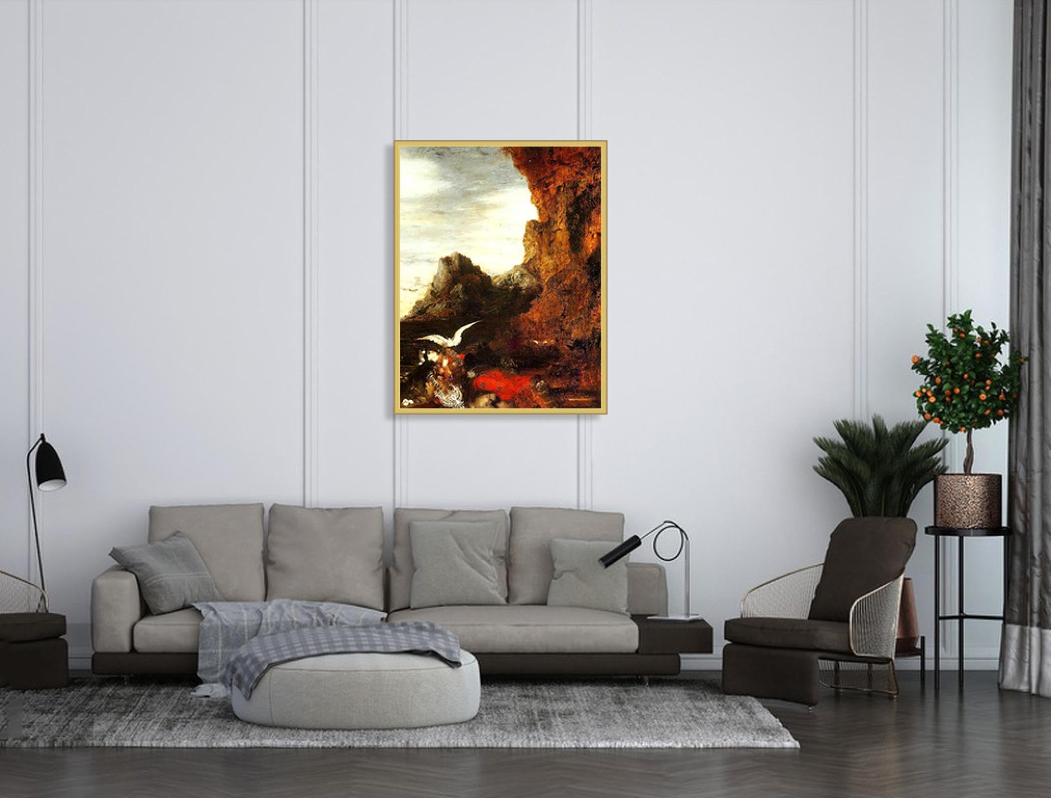 RYLJCZ Słynne wydruki na ścianę Gustave Moreau- Śmierć Safony - Reprodukcje obrazów na płótnie- Oprawione obrazy Giclee plakaty dekoracja ścienna 40 x 50 cm (15,8 x 19,7 cala) złota ramka