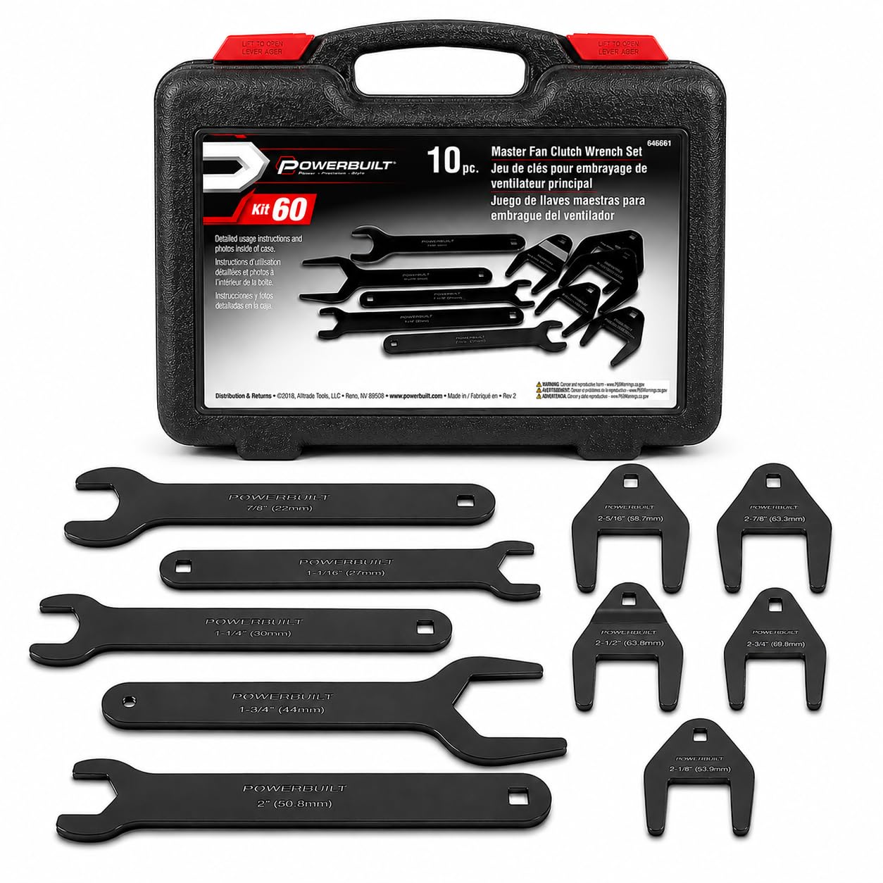 Powerbuilt Fan Clutch Wrench Master Kit, 10 Piece, Remove, Wrenches Loosen Fan Clutches, Ford, Chrysler, GM, Imports, Storage Case - 648651