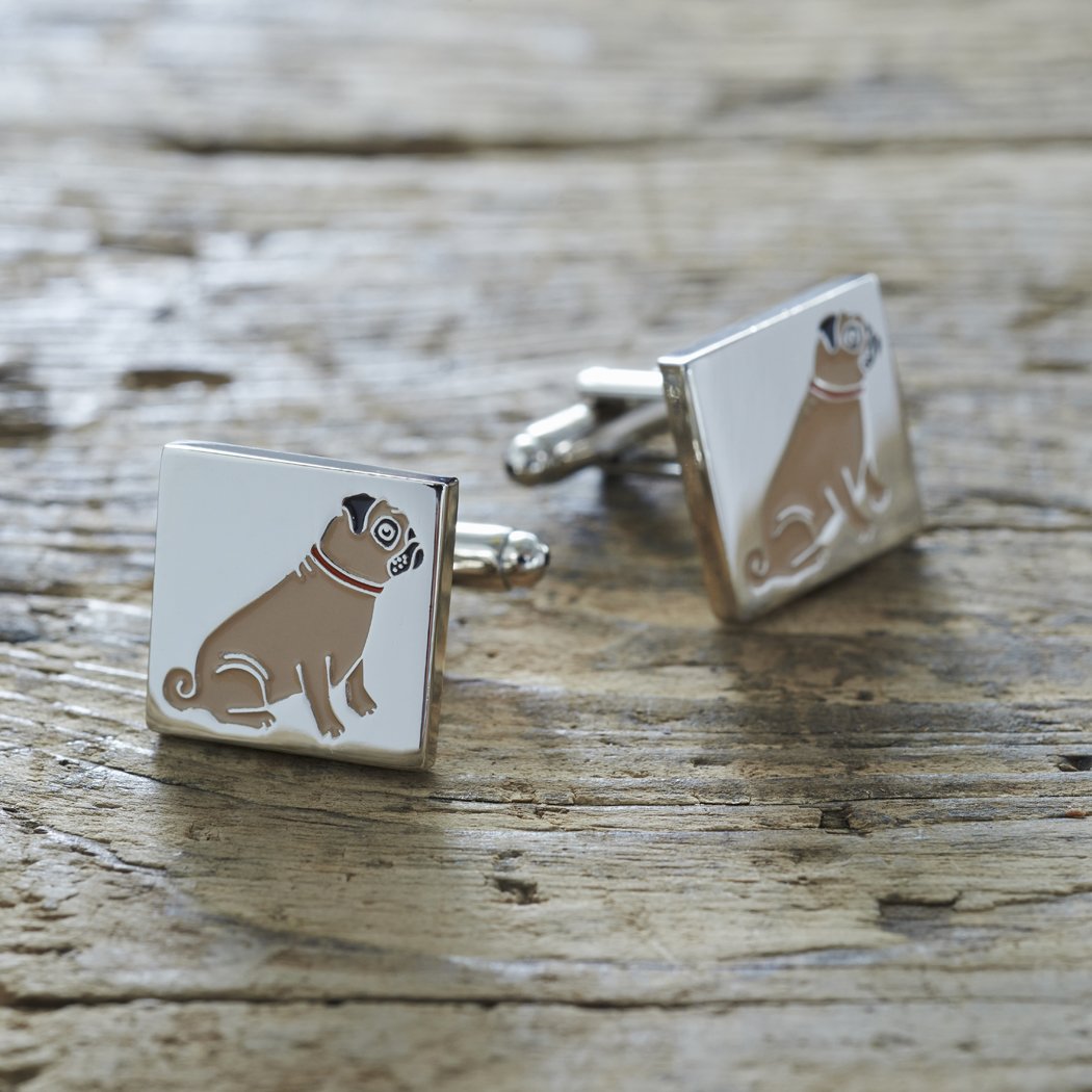 Sweet William Men's Silver Pug Cufflinks | Plated Cufflinks For Pug Or Any Dog Lover | 18 Mm X 3 Mm