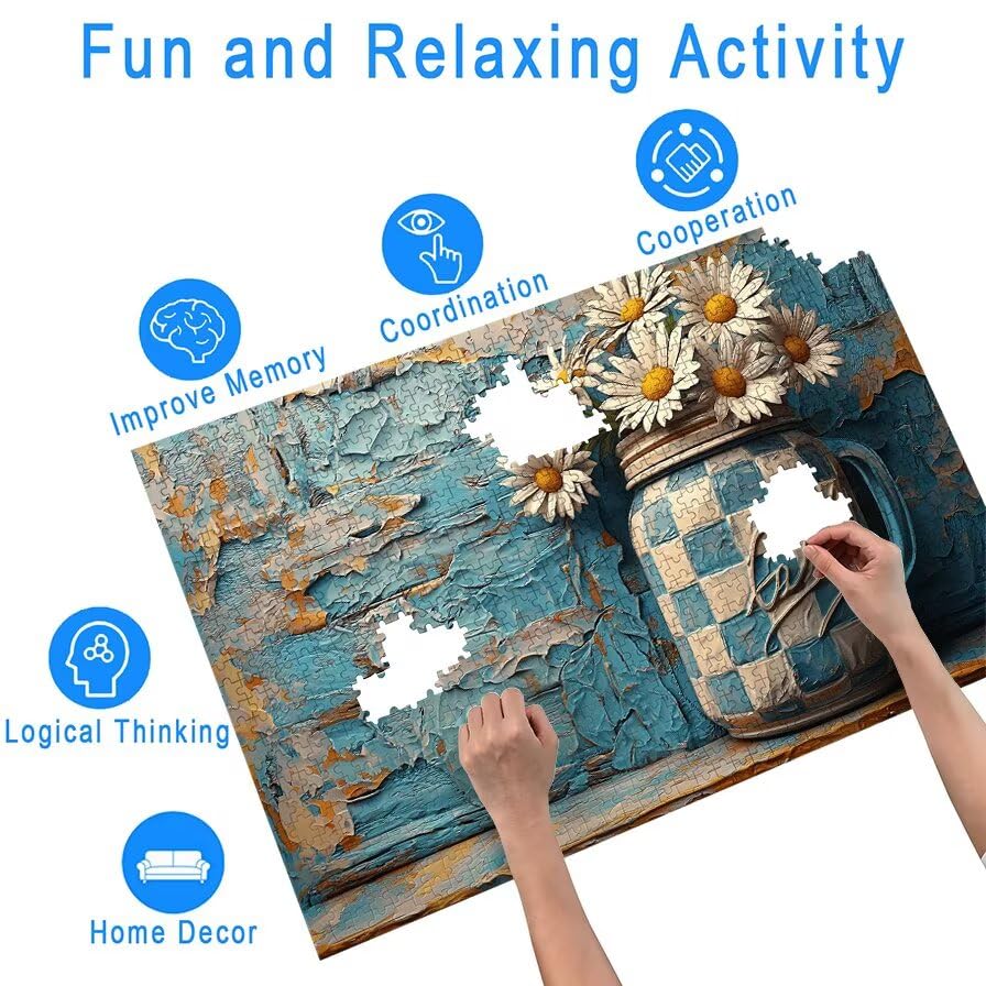 Puzzle 1000 sztuk butelki, drewniane puzzle stokrotki dla dorosłych, rozmiar: 75 x 50 cm, puzzle 1000 sztuk dla dorosłych, rodzinne gry edukacyjne, puzzle na prezent dla kobiet, wystrój domu, -7173