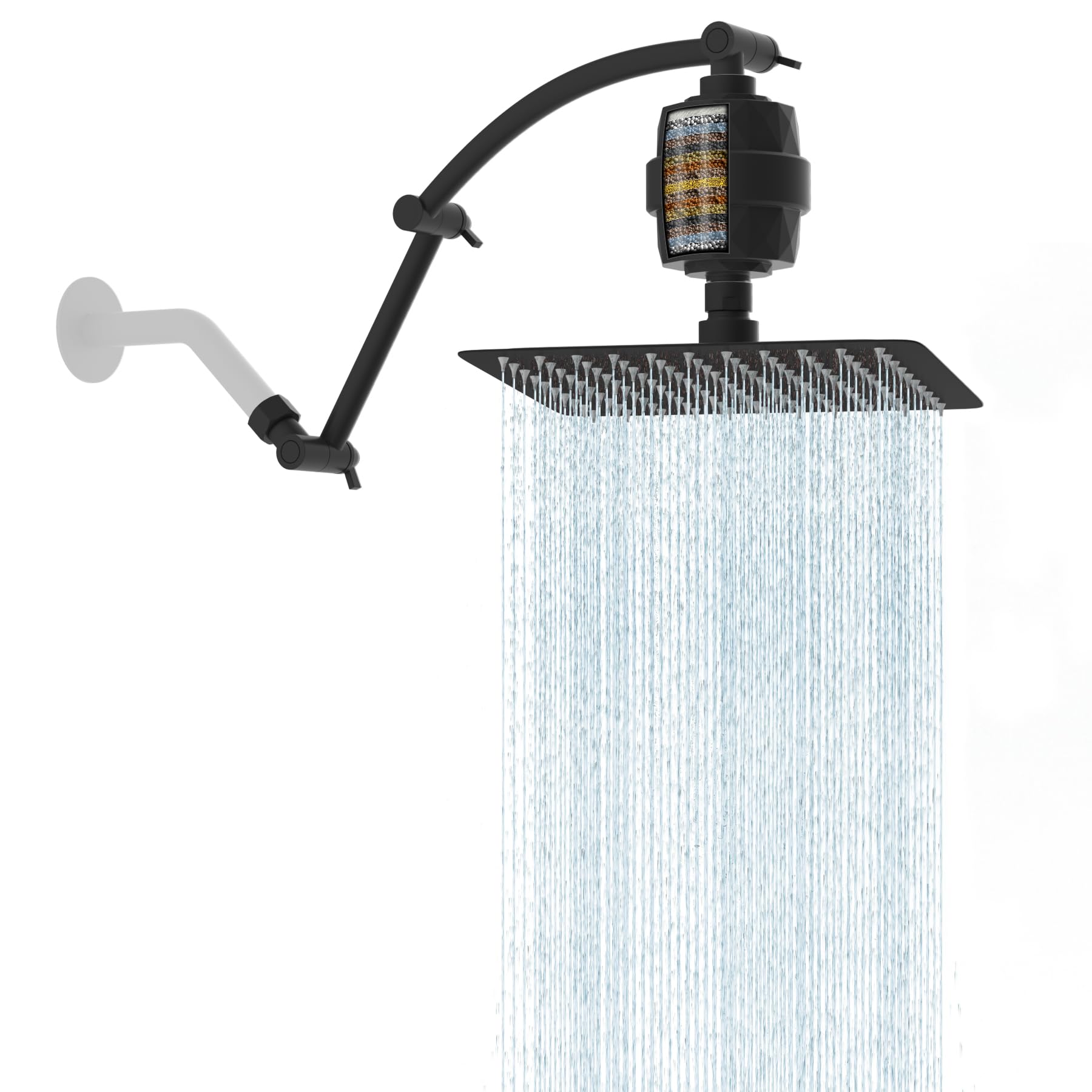 Hibbent Cabezal de ducha de metal filtrado por lluvia, cabezal de ducha de alta presión de 10 pulgadas con brazo de extensión de cabezal de ducha de 16 pulgadas, filtro de ducha de 20 etapas, extensor