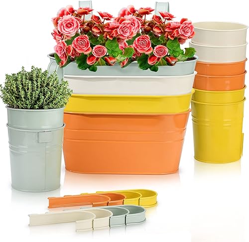 Miniatura 7 de Maceta colgante de 3 piezas para barandilla al aire libre, soporte de metal para plantas de balcón con ganchos desmontables y drenaje, cubo vintage,