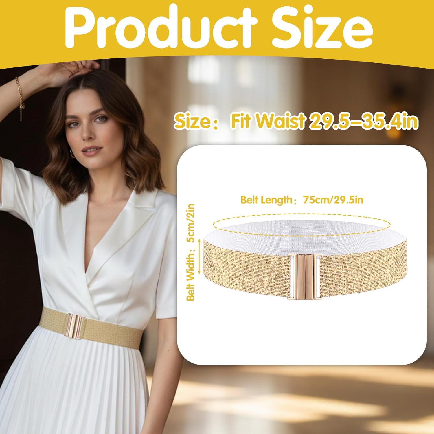 Wide Elastic Gold Belts for Women, Gold Elastic Belts for Dresses, Vintage Trimmer Belt for Dresses and Jeans - Image 2