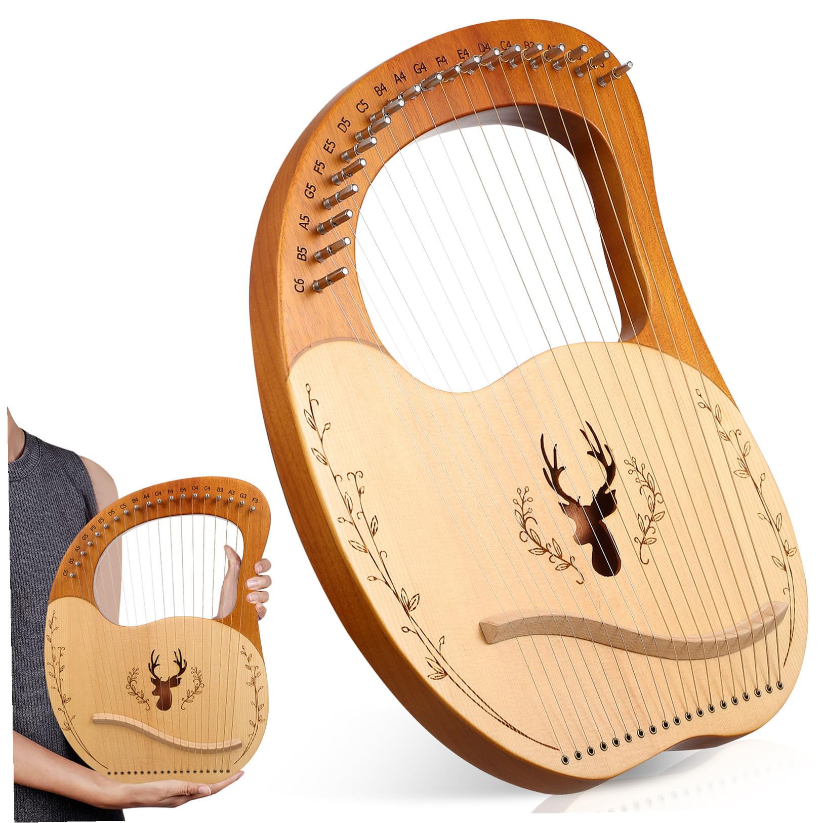 Set di Lira Portatile e Borsa in Poliestere Chiave di Accordatura in Legno con 19 Corde Metalliche con Effetto Fischio Continuo Strumento Musicale per Principianti