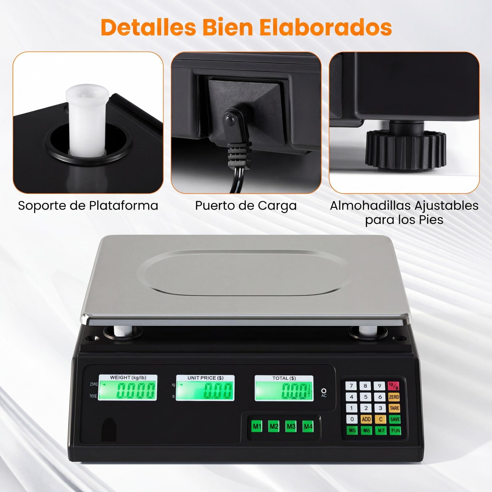 COSTWAY Báscula Digital 40 kg/5g, 7 Funciones de Tara y Recuento | Pantalla LCD, Balanza Portátil Acero Inoxidable, Batería Recargable,Báscula de Comercio, Ideal para Tienda y Frutería