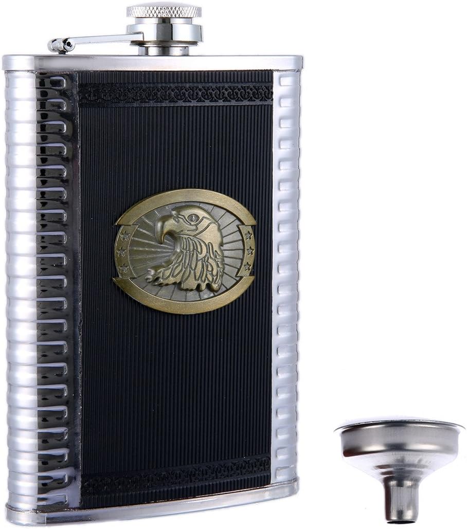 TOX TANEAXON 9 oz Eagle Pattern Leather Wrapped Stainless Steel Whiskey Hip Flask with Funnel - Leak Proof