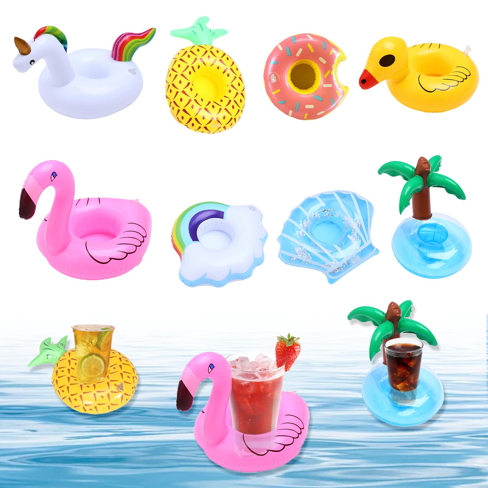 YAEGIMHT 8-Piece Inflatable Drink Holders, Animal Floating Drink Cup Holders with Air Pump, Pool Drink Holders Swimming Accessories for Summer Pool Beach Parties
