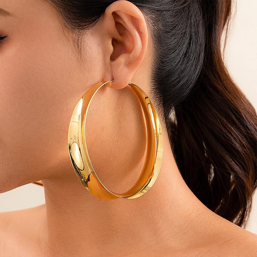 Gold Chunky Extra Large Hoop Earrings for Women,Simple Exaggerated Big Thick Hoop Earrings for Party,Minimalist Polished Statement Ear Jewelry Gift - Image 3