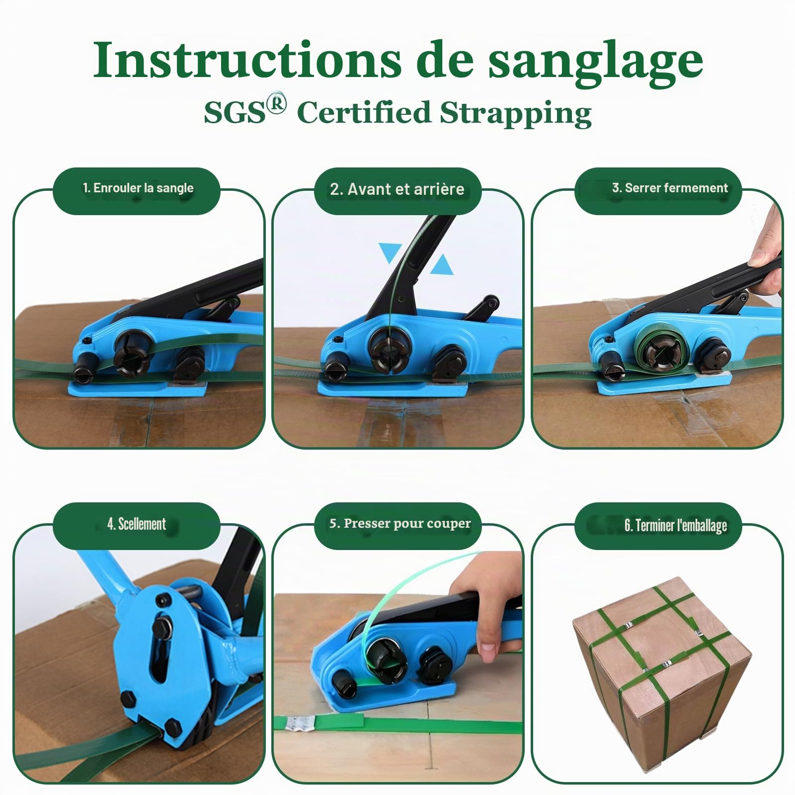 Kit de Cerclage pour Palettes, Kit de Cerclage, Outil de Cerclage d’Emballage avec Rouleau de Sangle Polyester 16MM x 300M, 100 Boucles Métalliques et Boîte Distributrice – Résistance de 540KG
