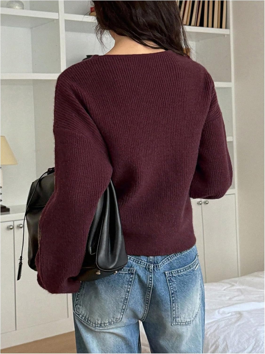 GORGLITTER Women's Wrap Cardigan Sweaters Long Sleeve Tie Drop Shoulder Trendy Knit Cardigan Outfits Old Money Clothes Redwood Large - Image 5