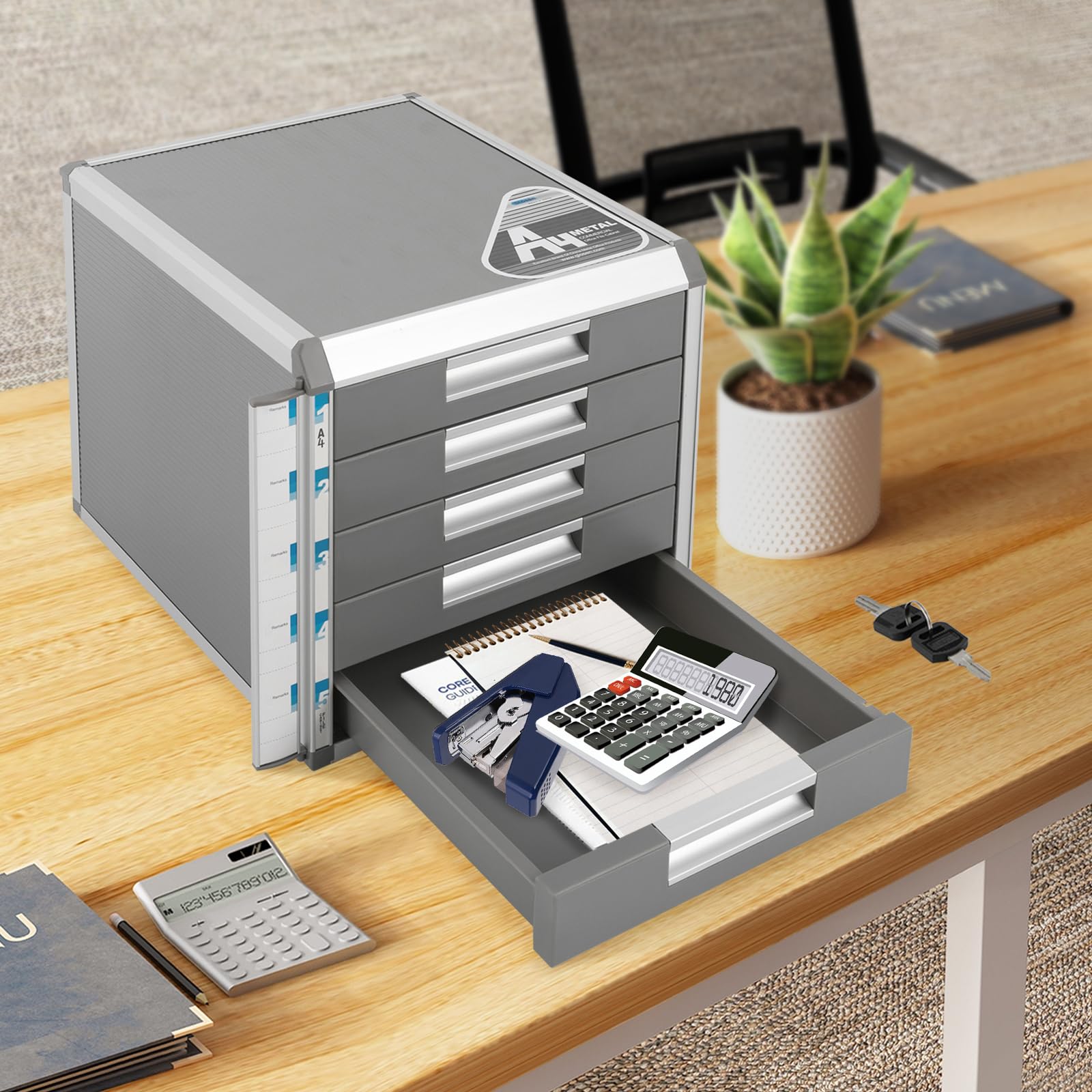 Cassettiera in lega di alluminio a 5 scomparti, formato A4, organizer da scrivania, cassetti con serratura ed etichette per riporre documenti e moduli