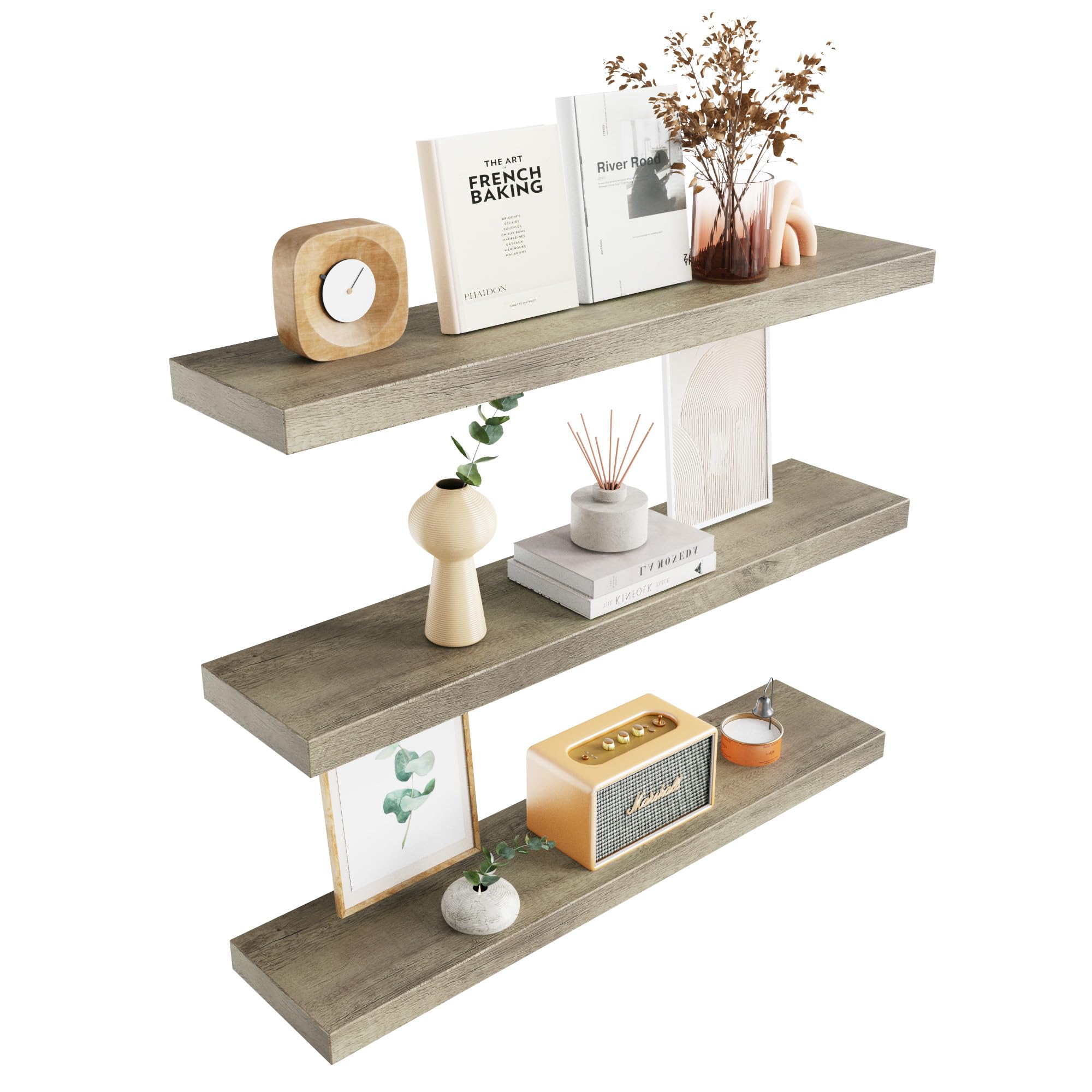 Colima Floating Shelves for Grey Wood Shelf for Bedroom, 36 Inch Wall Mounted Floating Shelves for Bathroom Living Room Kitchen Office, 1.5" Thick Floating Book Shelves for Wall, Set of 3 ( One in stock Are RUSTIC BROWN)