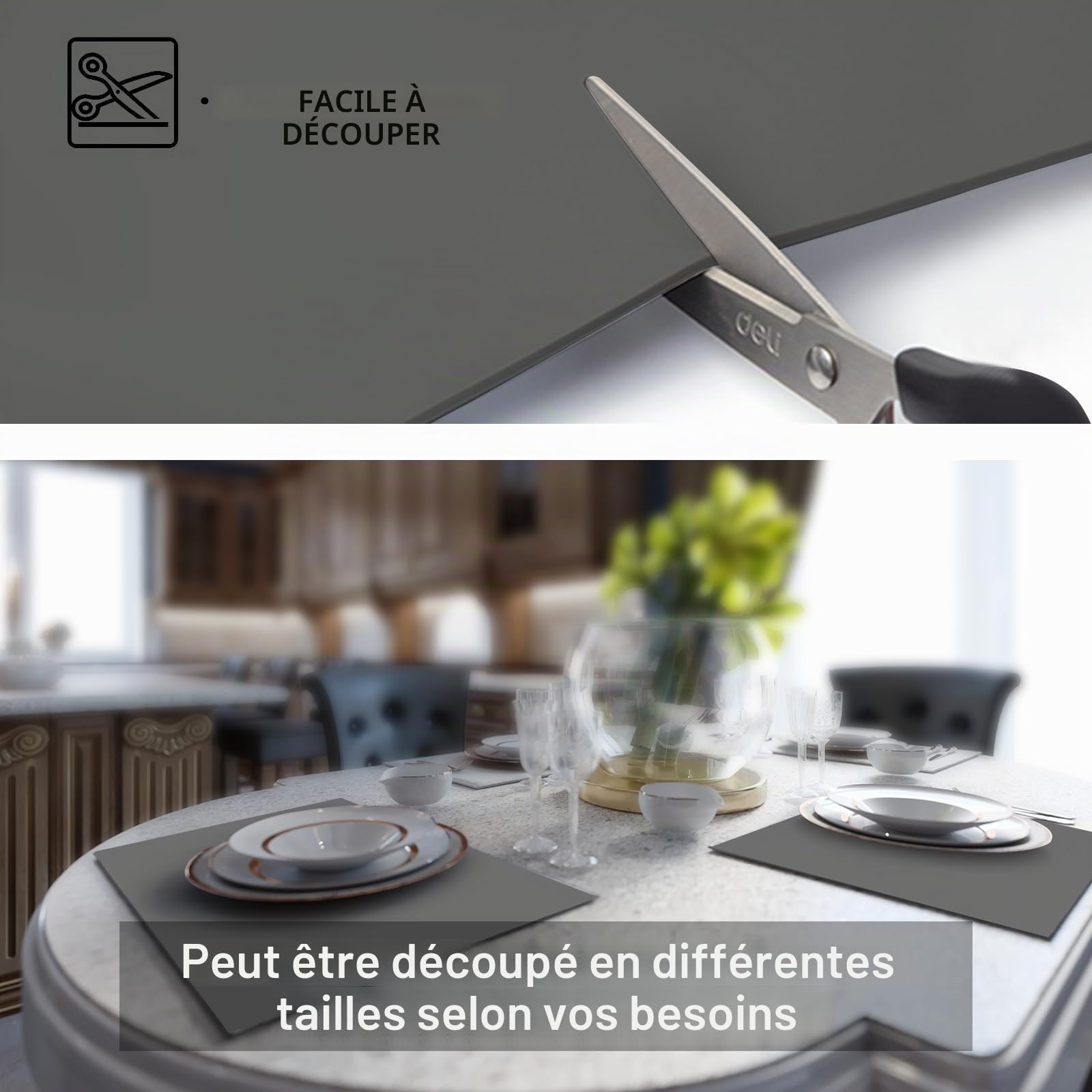 Tapis en silicone extra large pour comptoir de cuisine, 120 x 60 x 0,2 cm, antidérapant et résistant à la chaleur, protecteur de comptoir, antidérapant et imperméable, set de table (gris foncé)