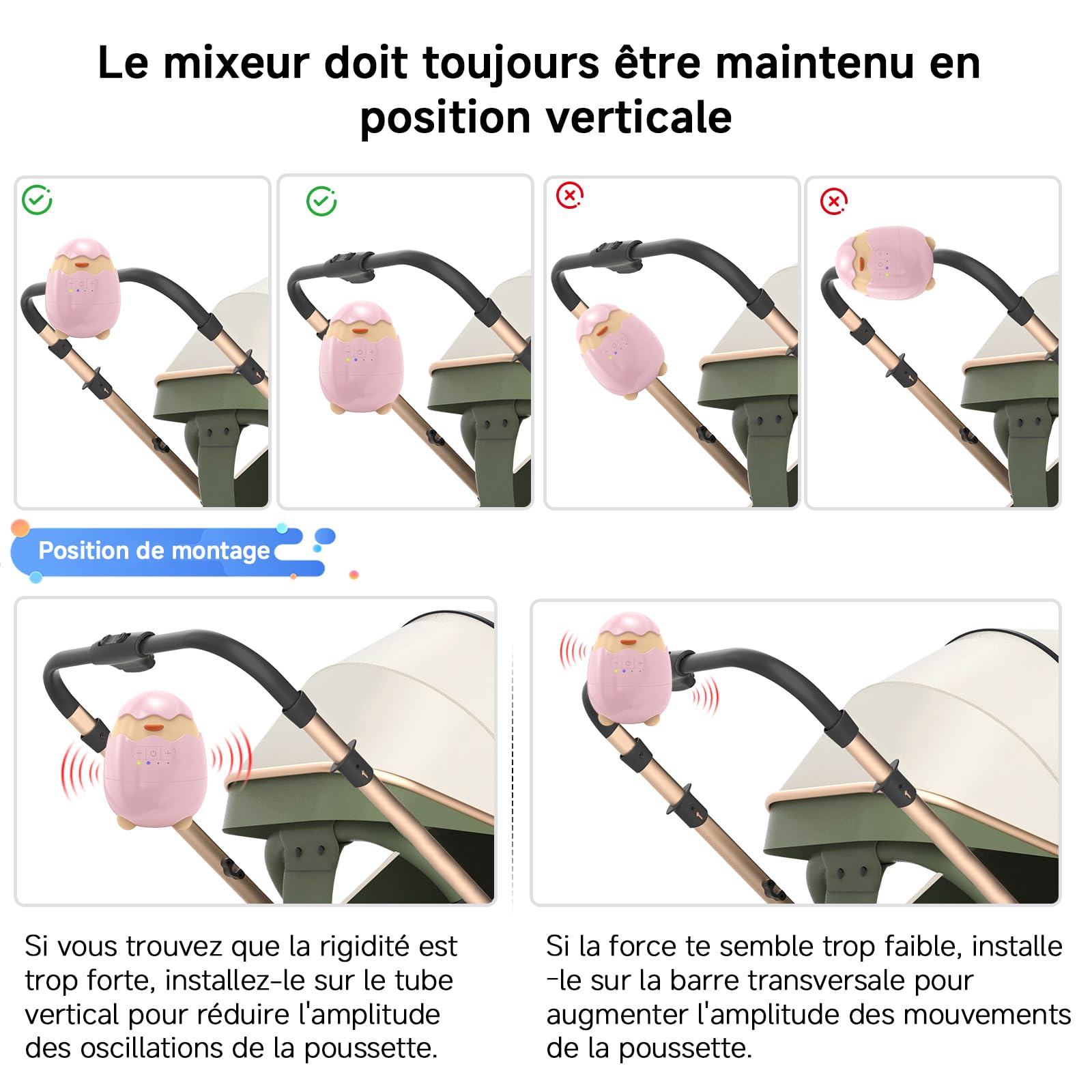 Robofun Balançoire Automatique Pour Bébé, Rocker Rechargeable- Accessoire Électrique Portable avec 30-60-90 Minuterie et 5 Vitesse Réglable - Compatible avec la Majorité des Poussettes, Rose