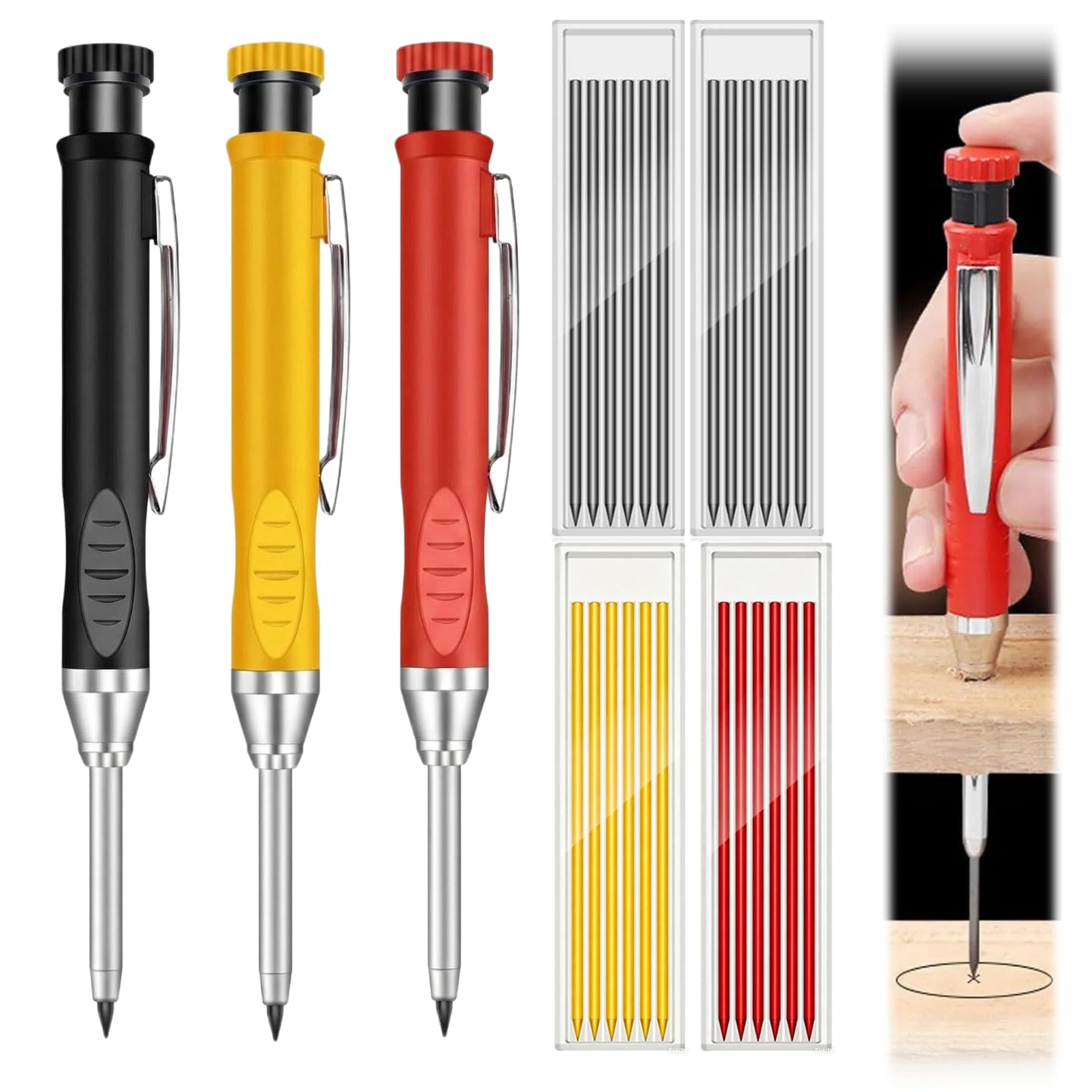 Hogulin Carpenters Pencil, 7 Pcs Tracing Pencil, Carpenter Pencils with 4 Replacement Leads, Suitable for Construction Work, Architectural Design, and Woodworking (Black + Red + Yellow)