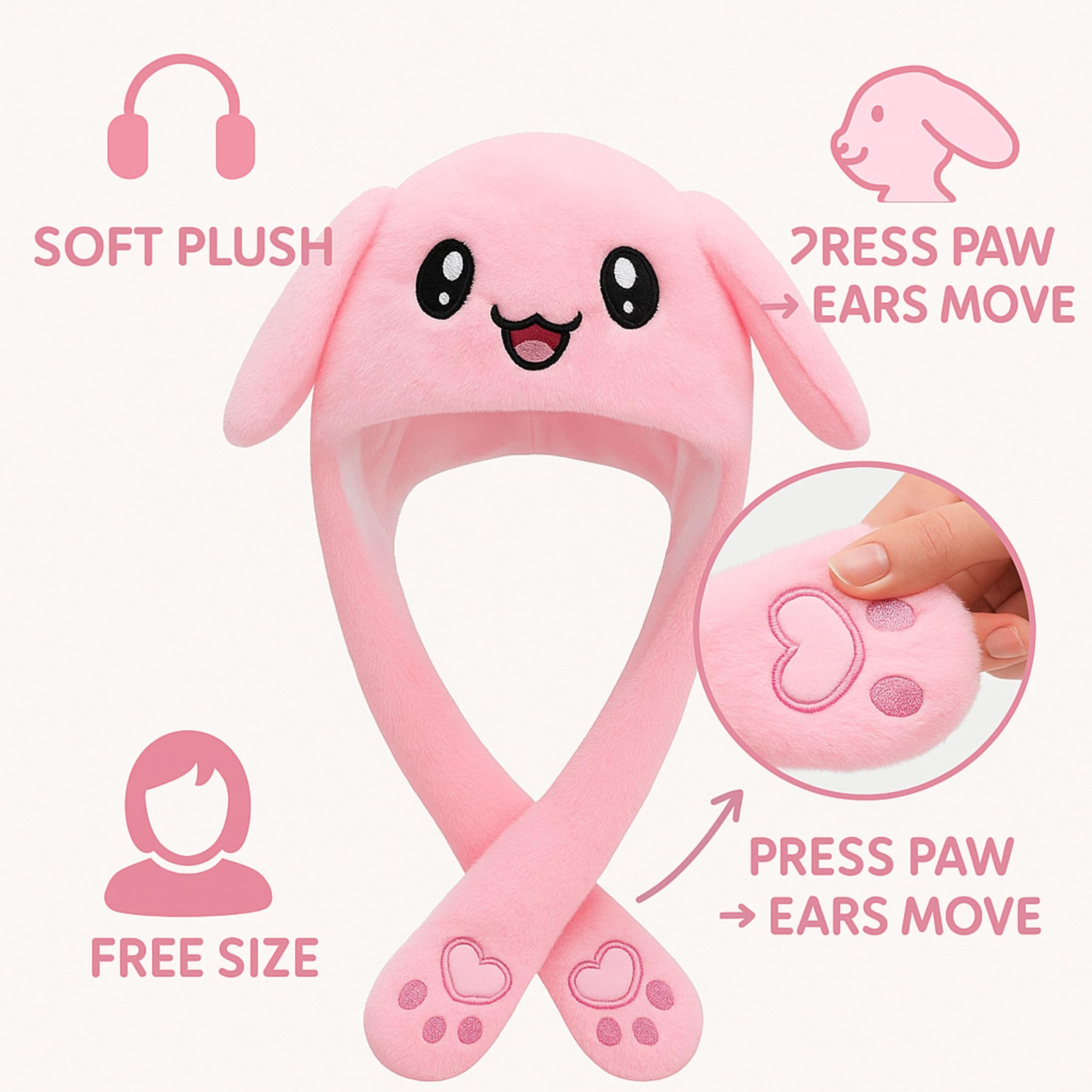 Cartell Bunny Cap with Moving Ears for Girls, Kids & Women | Animated Rabbit Ear Plush Winter Hat with Squeeze Paw | Cute Cosplay Party Gift - pack of 1 1
