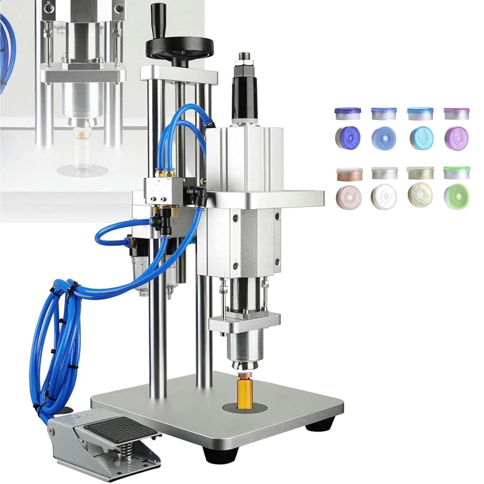 Máquina Neumática de Sellado de Viales, Prensadora de Viales Alimentada por Aire, Altura Ajustable con Pedal, 900–1800 Piezas/hora para Tapas de Aluminio-plástico y Viales 1.3 * 1.8cm/0.5 * 0.7in