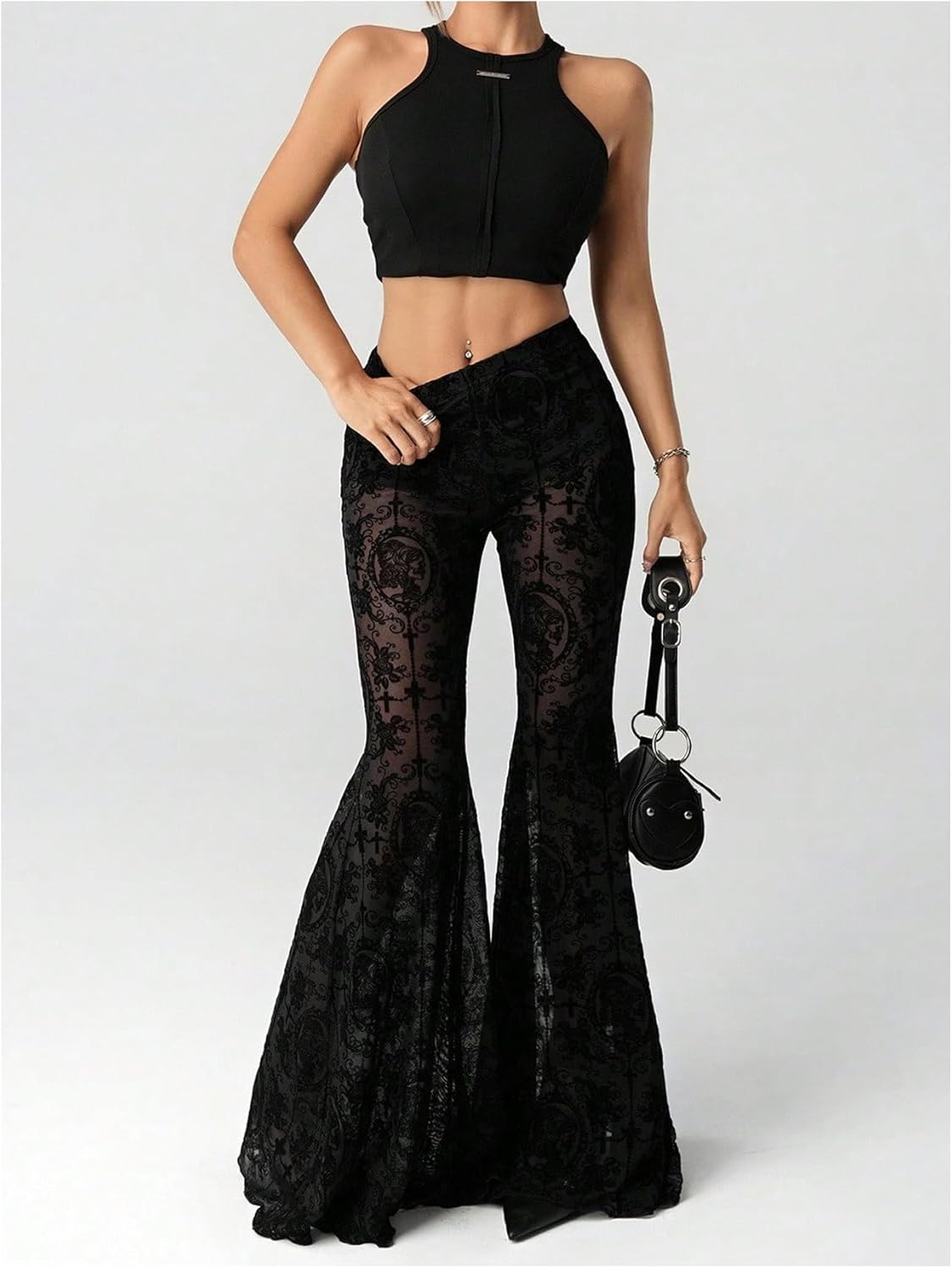 GORGLITTER Women's Lace Bell Bottom Pants Mesh Flare Leg High Waisted Sheer Sexy Gothic Leggings Trousers - Image 5