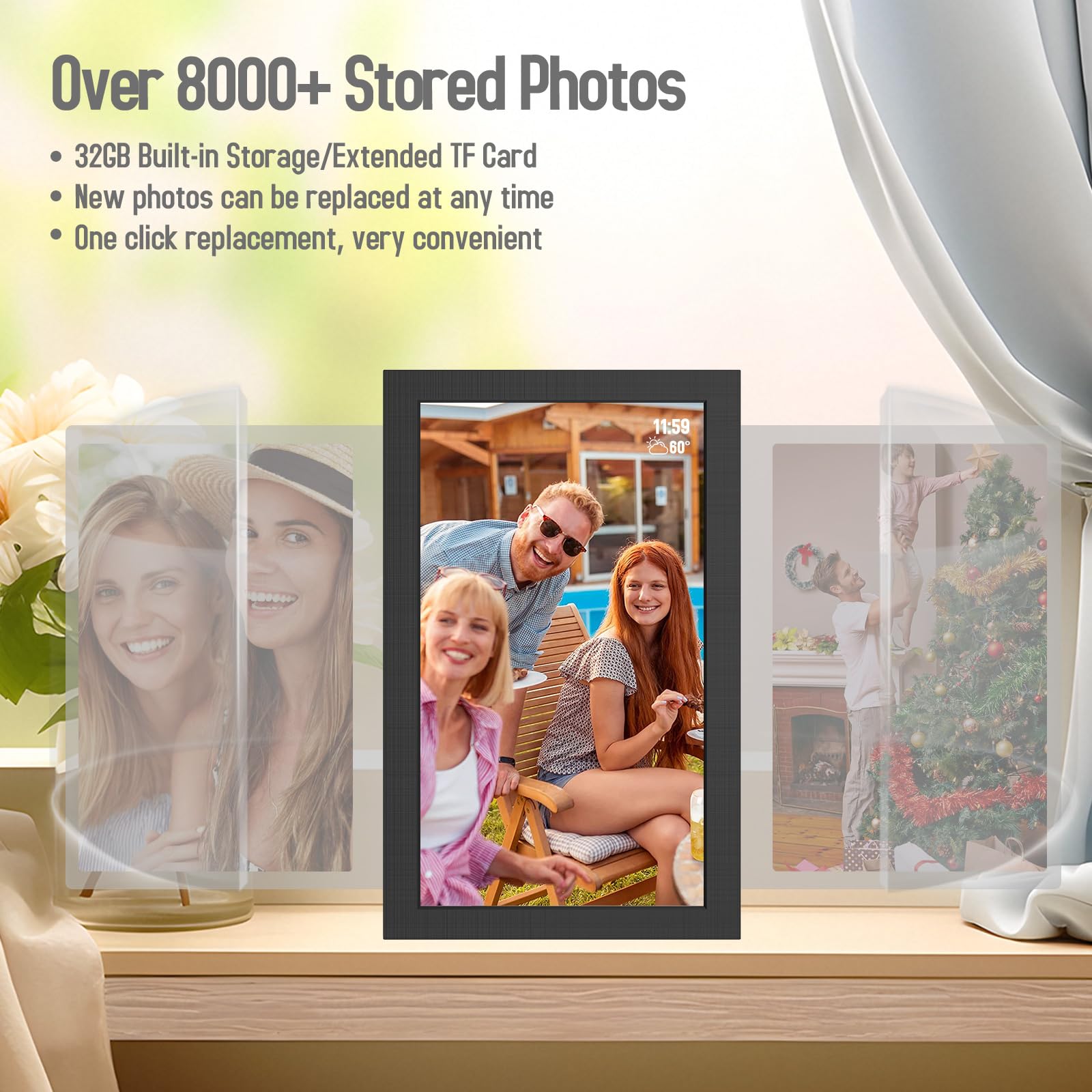 Cadre photo numérique WiFi 15,6" IPS écran tactile HD, clips vidéo et diaporama, rotation automatique, montage mural, envoie des photos instantanément depuis n'importe où avec l'application Frameo