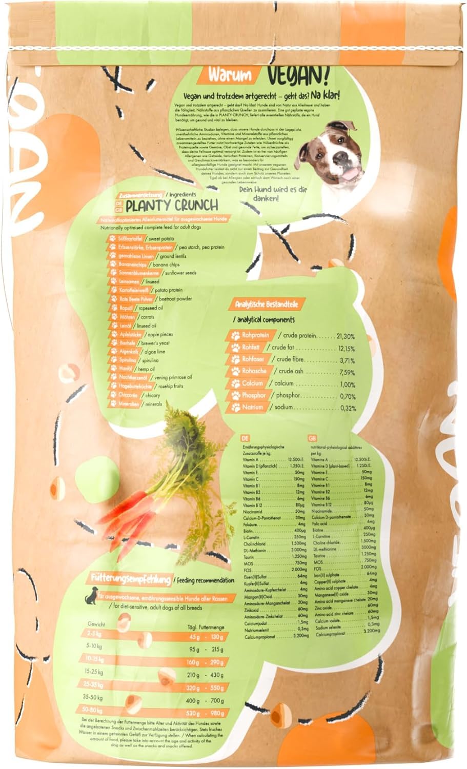 Powerstar Planty Crunch Hundefutter vegan 2x5000g - allergikerfreundlich | Getreide- und sojafrei mit Carnitin - Vitamin B12 und D3 - für Hunde mit Futtermittelallergie - Trockenfutter