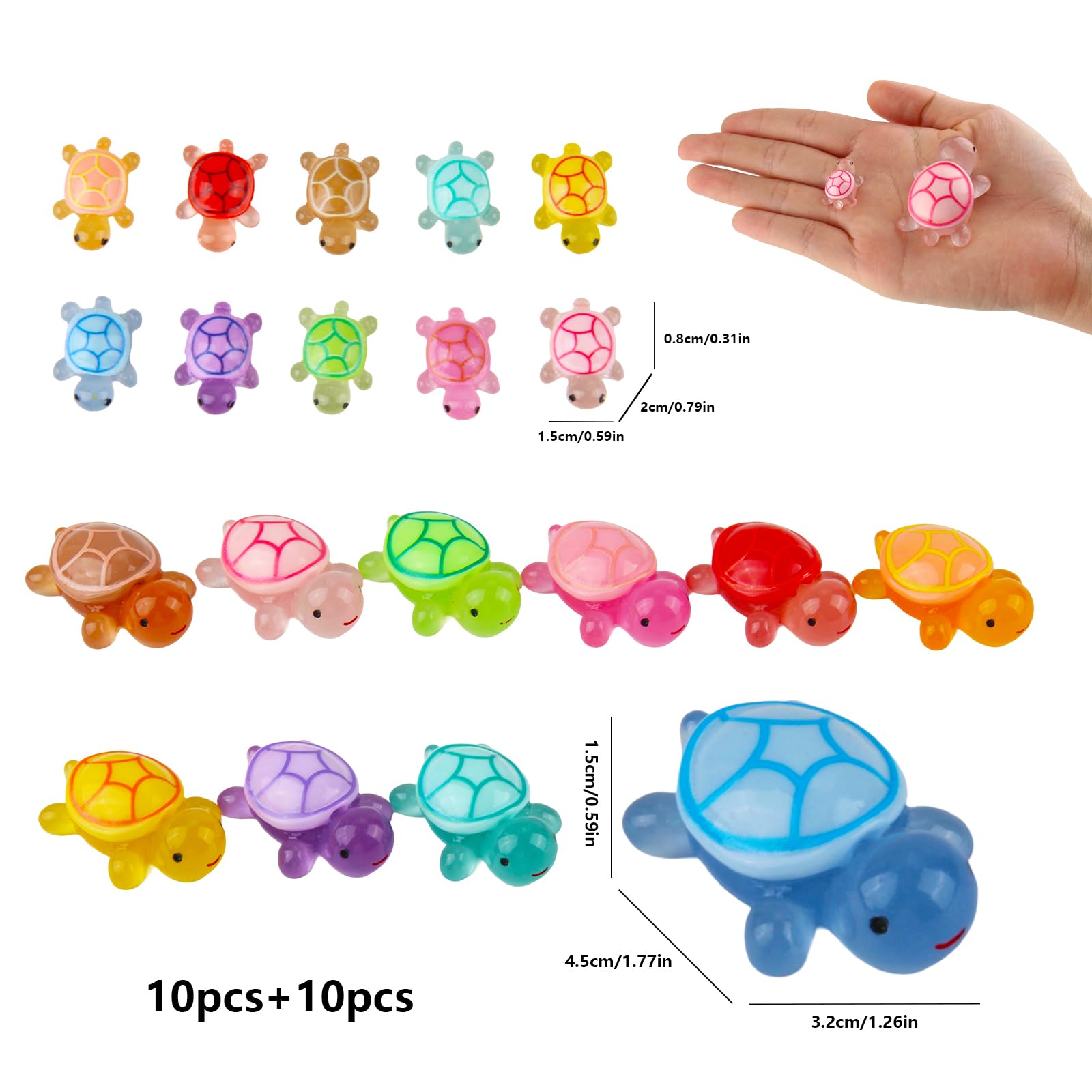 20 sztuk Mini świecące żółwie żywica miniaturowy kształt żółwi | Wielokolorowe Mini Zwierzęta 2 Rozmiary Małe Żółwie Do Dekoracji Wazon Ogród Krajobraz