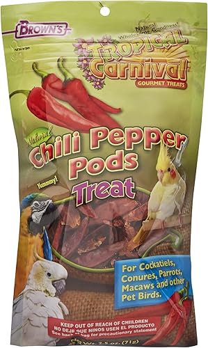 FM BrownS Tropical Carnival Cápsulas de chile natural para cacatas conures loros guacamayos y otros pájaros de mascotas bolsa de 25 onzas madurado