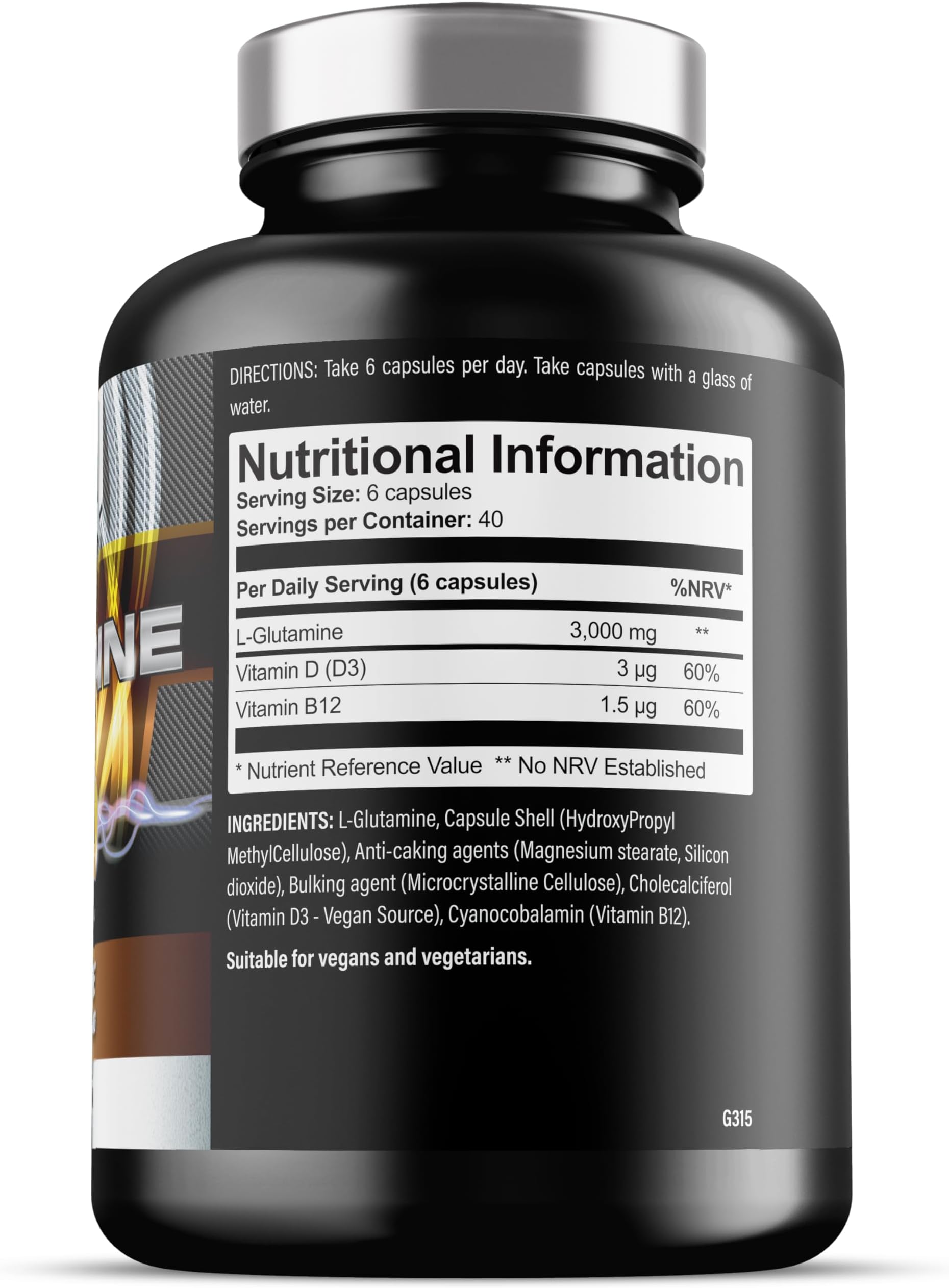 Glutamine - 3000mg L Glutamine Per Serving - Enhanced with D3 & B12 - Vegan and Vegetarian L-Glutamine (240 Capsules - 40 Servings)
