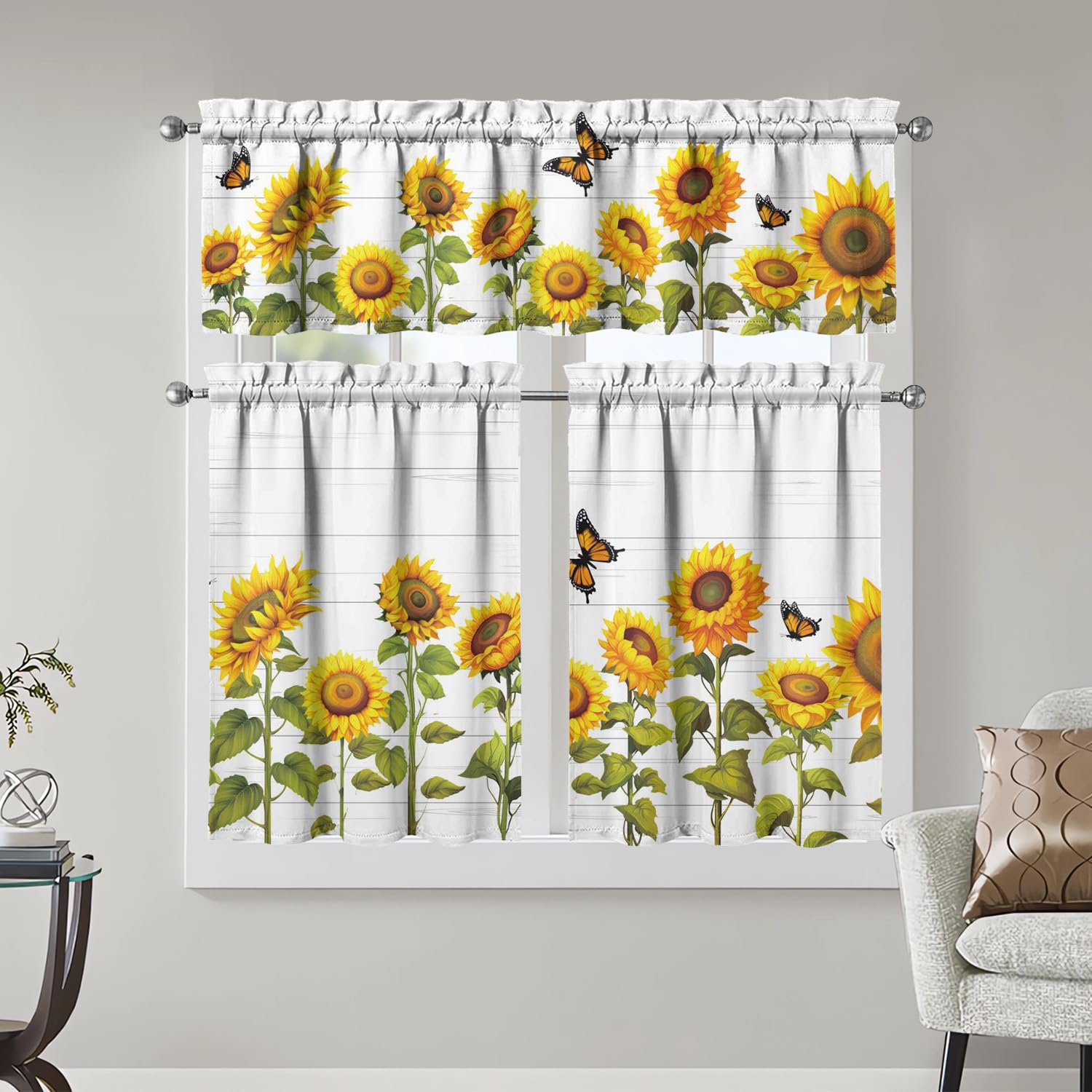 Sunflower Kitchen Curtains 3 Piece Set Tier Valance Window Decor