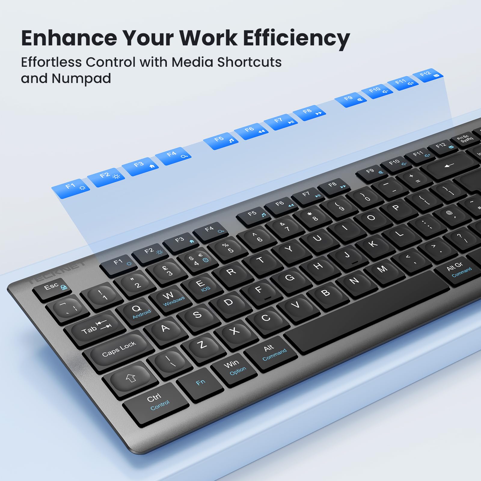 TECKNET Wireless Keyboard,Rechargeable 2.4GHz Silent Keyboard, Scissor Keys for Comfort & Stability, Full Size keyboard wireless with Numpad & Hotkeys for PC/Laptop/Desktop, UK QWERTY Layout — view 6