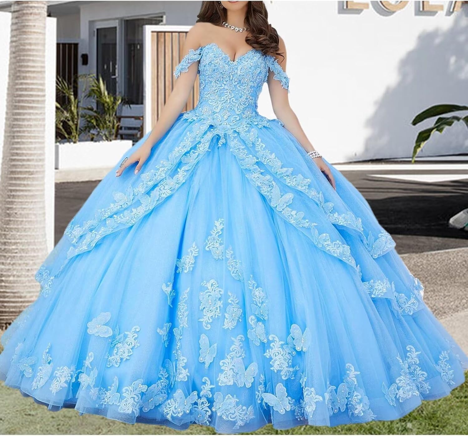 Vestidos de quinceañera con Hombros Descubiertos para Mujeres Adolescentes Vestidos de Fiesta con Apliques de Encaje Floral 3D Vestido de Fiesta Formal MT017