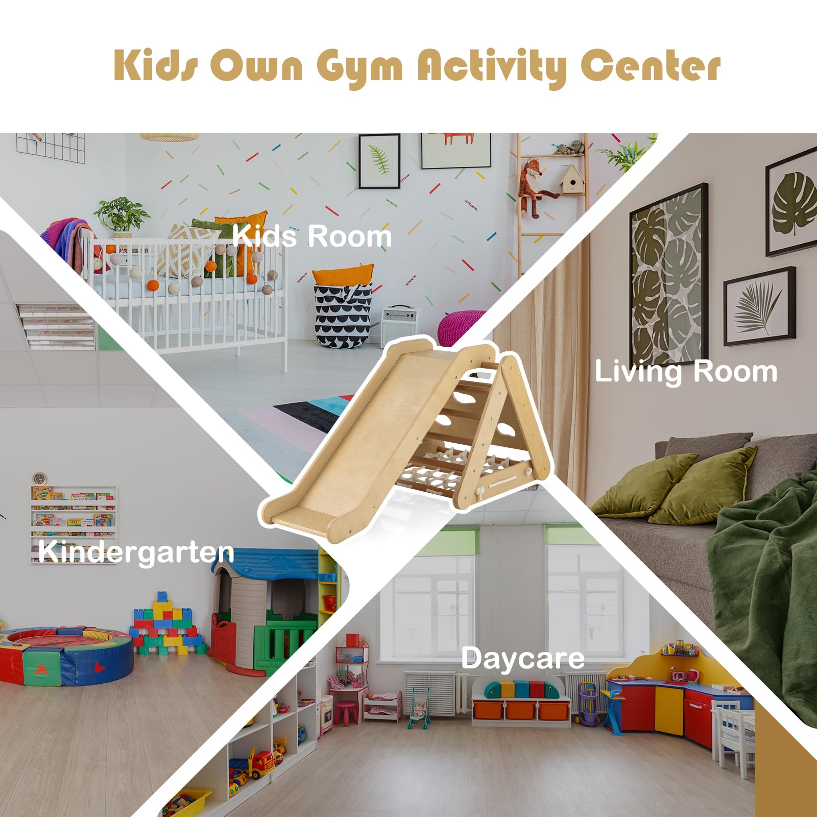 HOMASIS 4 in 1 Klettergerüste mit Rutsche, Kletterdreiecke für Kinder, Spielplatz aus Holz, Montessorie Kletterspielzeug für Kinder ab 1+ Jahren, Sprossendreieck Max. Kapazität 60 kg (Holzfarbe)