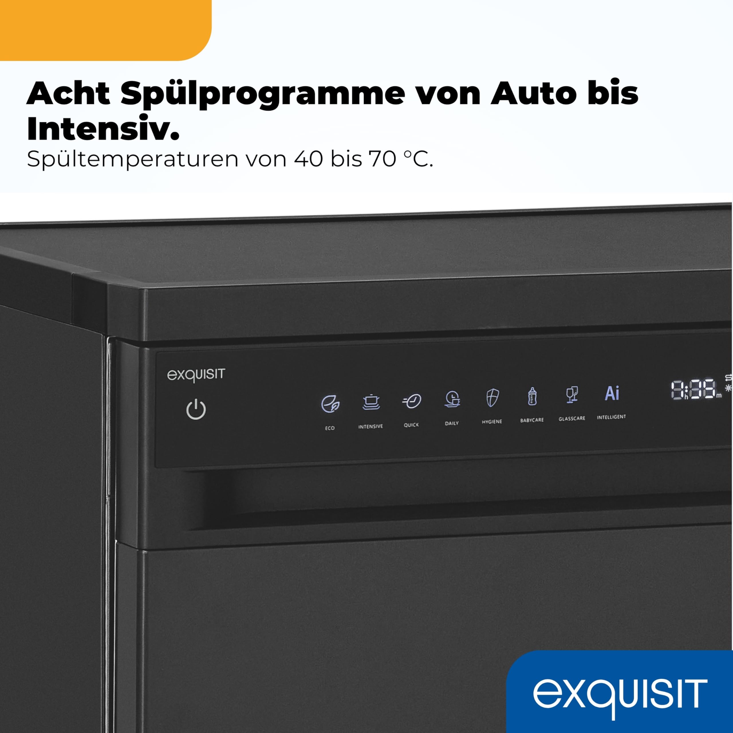 Exquisit Geschirrspüler | 60cm Breite, 16 Gedecke, Energieklasse B, 45 dB | 8 Programme, Auto-Programm, Selbstreinigung, Extra-Trocknung, Hygiene, Startzeitverzögerung Aquastop | GSP9616-450B schwarz